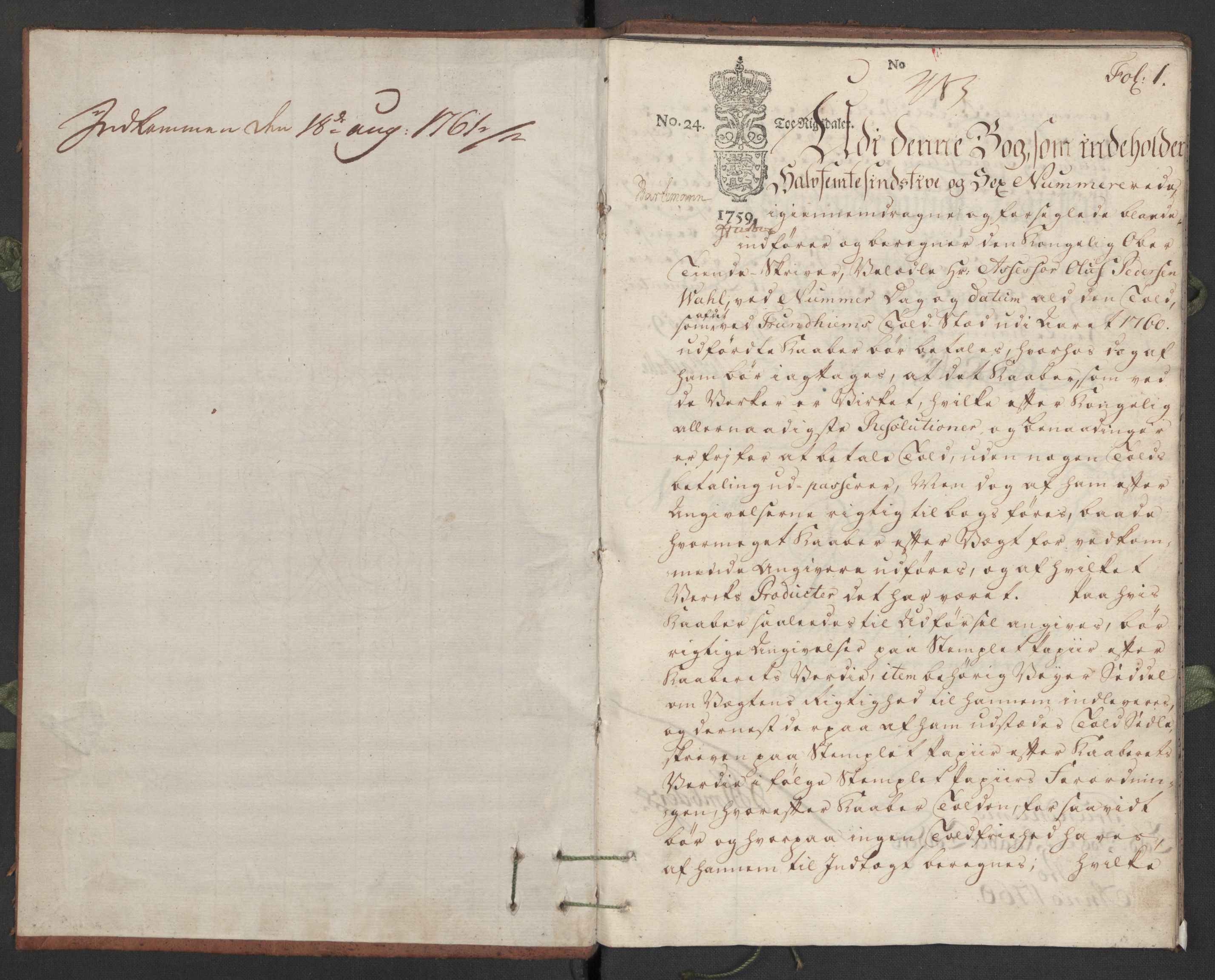 Generaltollkammeret, tollregnskaper, AV/RA-EA-5490/R34/L0010/0001: Koppertollregnskaper Trondheim B / Tollbok for koppertollen, 1760