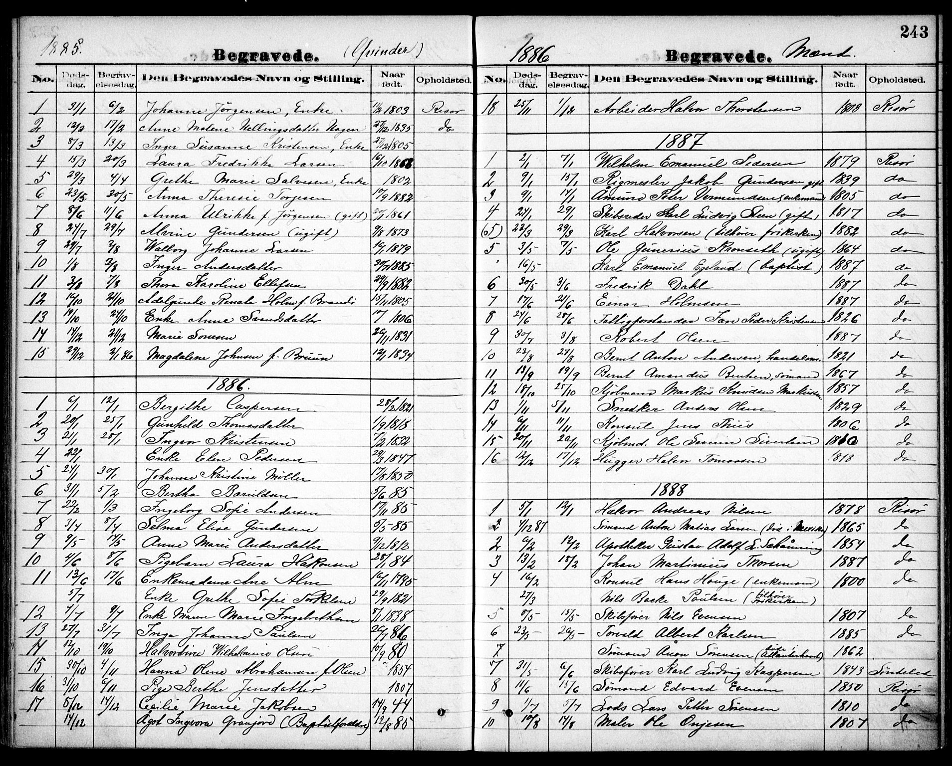 Risør sokneprestkontor, AV/SAK-1111-0035/F/Fb/L0007: Klokkerbok nr. B 7, 1885-1908, s. 243