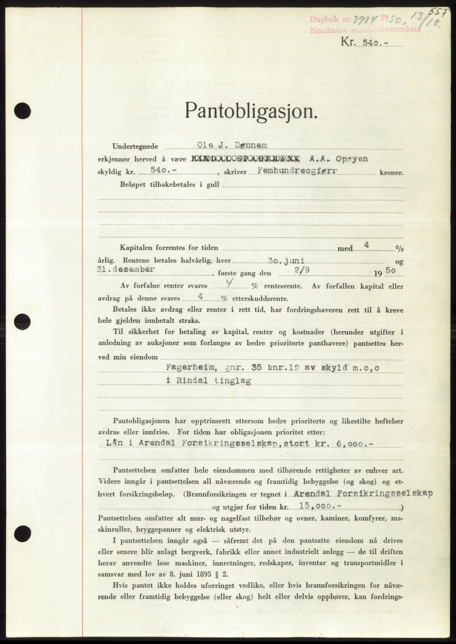 Nordmøre sorenskriveri, SAT/A-4132/1/2/2Ca: Pantebok nr. B106, 1950-1950, Dagboknr: 3984/1950