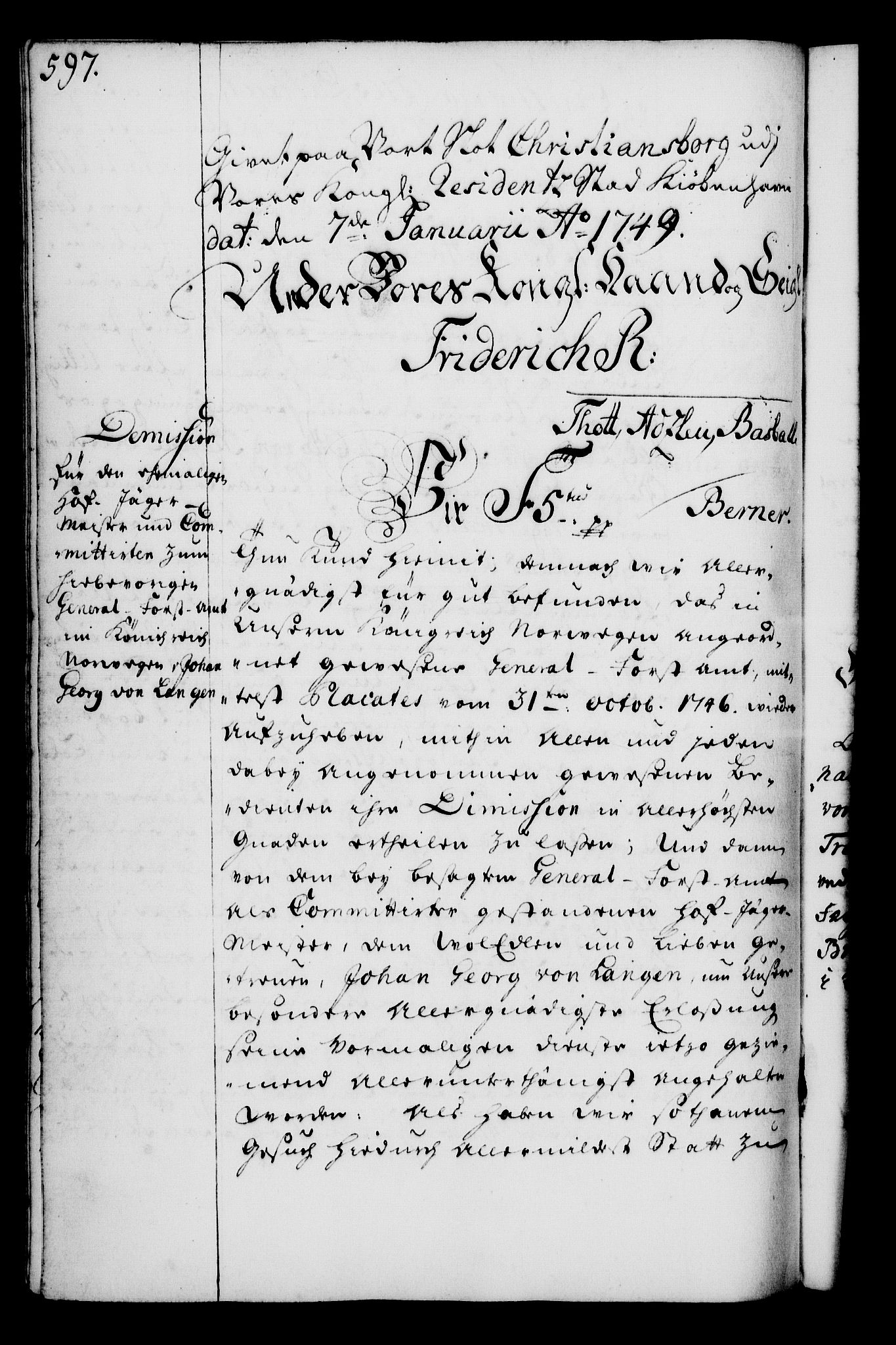 Rentekammeret, Kammerkanselliet, RA/EA-3111/G/Gg/Gga/L0005: Norsk ekspedisjonsprotokoll med register (merket RK 53.5), 1741-1749, s. 597