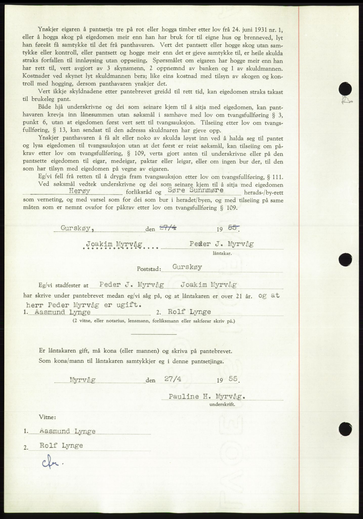 Søre Sunnmøre sorenskriveri, AV/SAT-A-4122/1/2/2C/L0126: Pantebok nr. 14B, 1954-1955, Dagboknr: 1142/1955