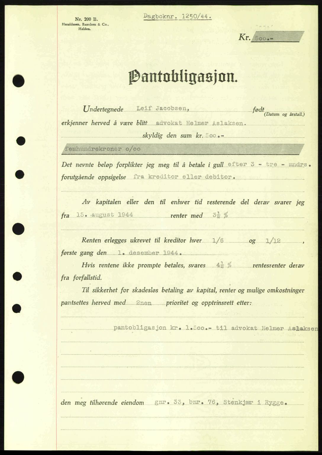 Moss sorenskriveri, SAO/A-10168: Pantebok nr. B13, 1943-1945, Dagboknr: 1250/1944