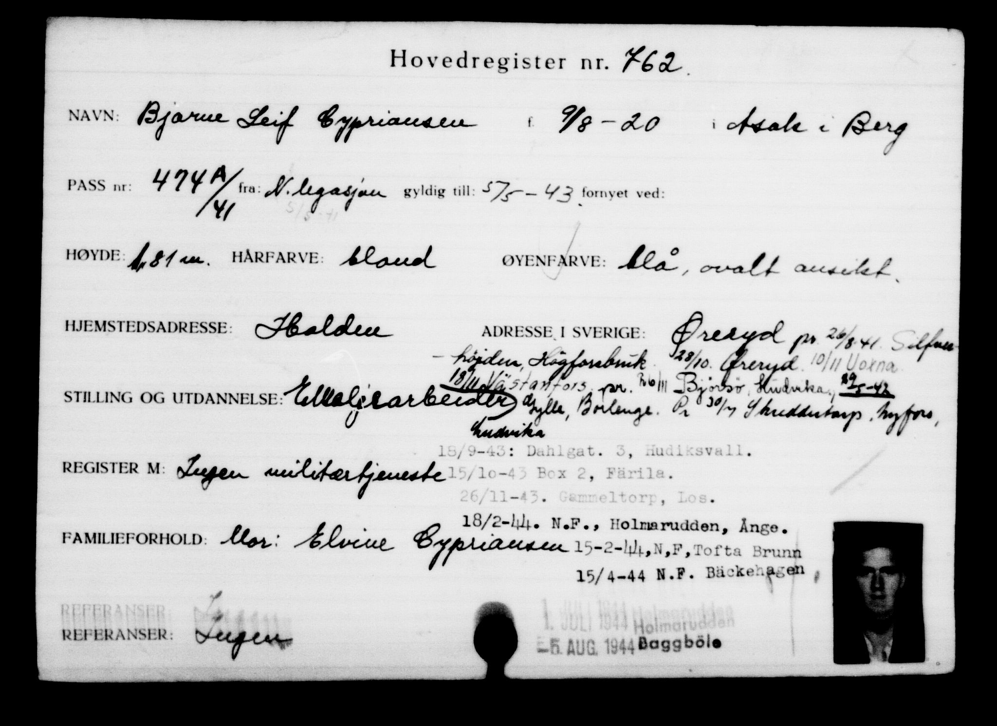 Utenriksstasjonene, Legasjonen i Stockholm, Flyktningkontoret, AV/RA-S-6753/V/Va/L0001: Kjesäterkartoteket, flyktninger med registreringsnr. 1-1000, 1940-1945, s. 1202