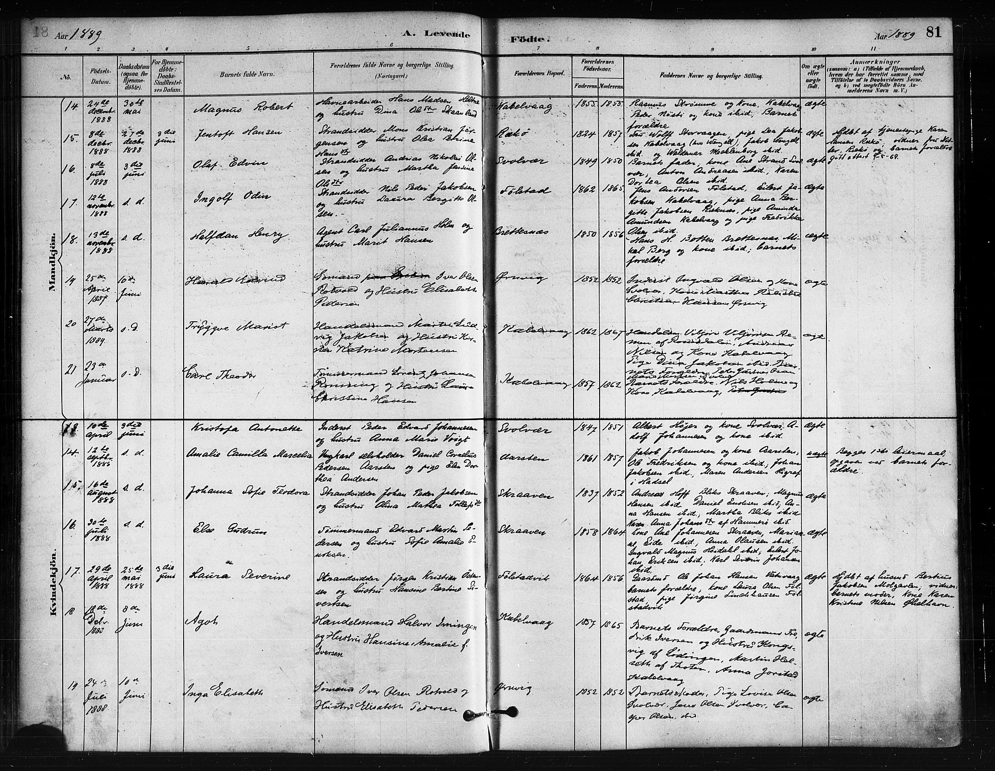 Ministerialprotokoller, klokkerbøker og fødselsregistre - Nordland, SAT/A-1459/874/L1059: Ministerialbok nr. 874A03, 1884-1890, s. 81