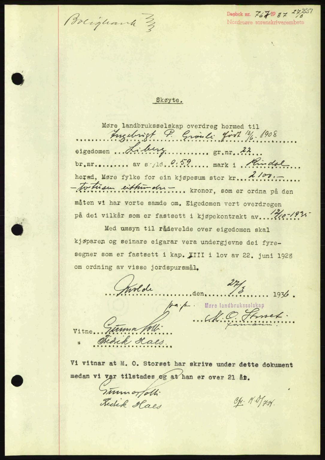 Nordmøre sorenskriveri, SAT/A-4132/1/2/2Ca: Pantebok nr. A81, 1937-1937, Dagboknr: 767/1937