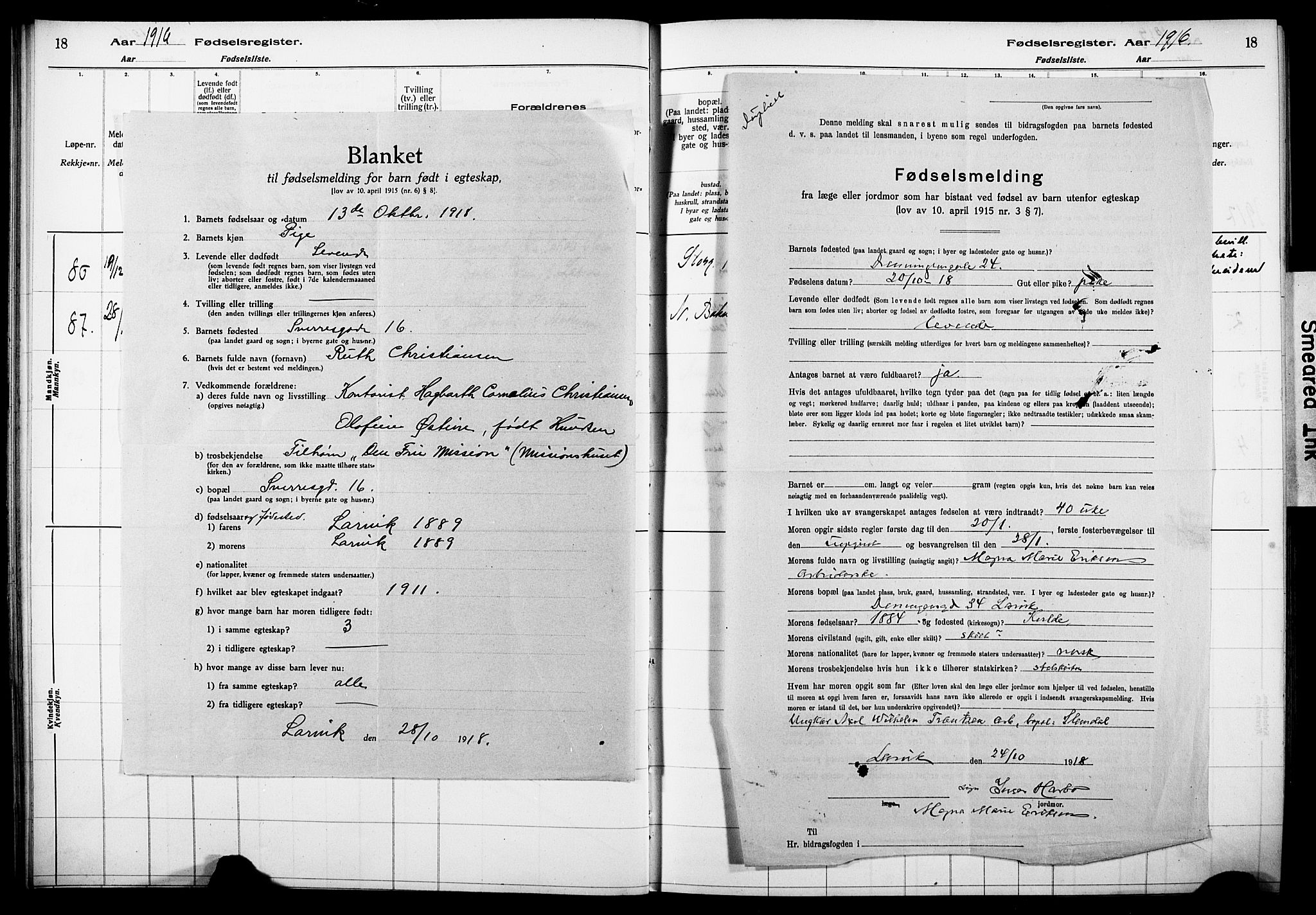 Larvik kirkebøker, AV/SAKO-A-352/J/Ja/L0001: Fødselsregister nr. I 1, 1916-1926, s. 18