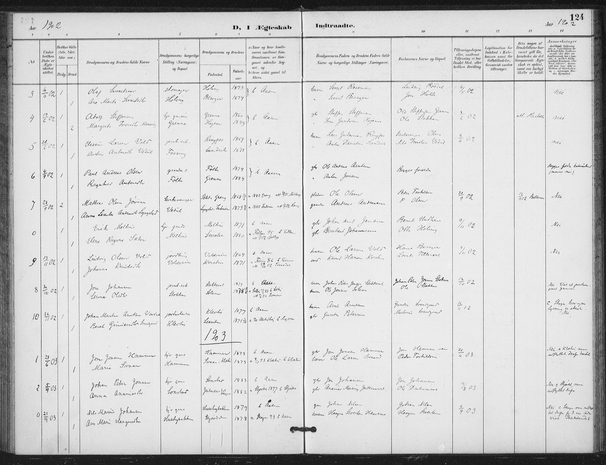 Ministerialprotokoller, klokkerbøker og fødselsregistre - Nord-Trøndelag, AV/SAT-A-1458/714/L0131: Ministerialbok nr. 714A02, 1896-1918, s. 124
