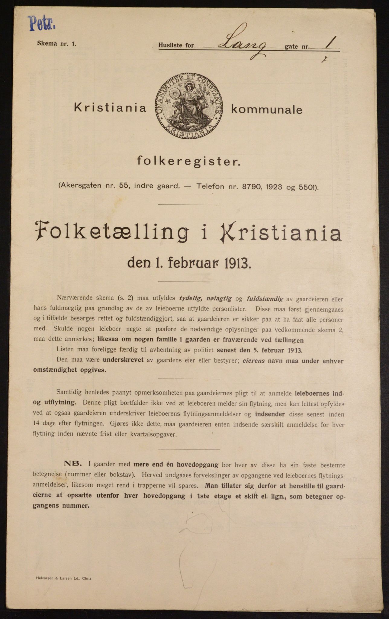 OBA, Kommunal folketelling 1.2.1913 for Kristiania, 1913, s. 56160