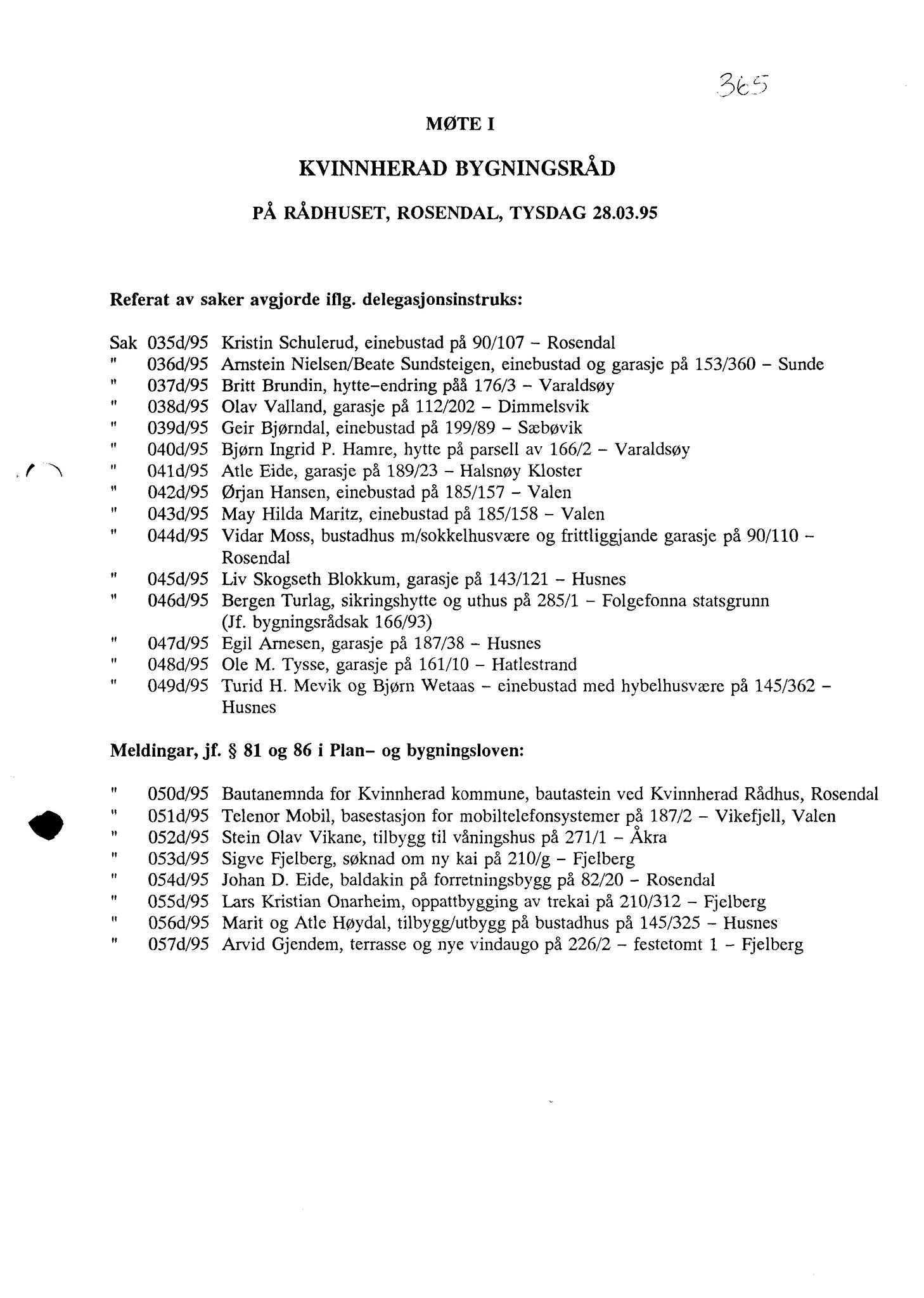 Kvinnherad kommune. Bygningsrådet , IKAH/1224-511/A/Aa/L0091: Møtebok for Kvinnherad bygningsråd, 1995