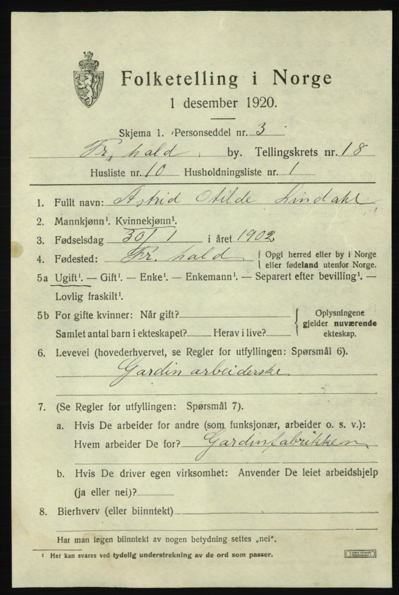 SAO, Folketelling 1920 for 0101 Fredrikshald kjøpstad, 1920, s. 27299
