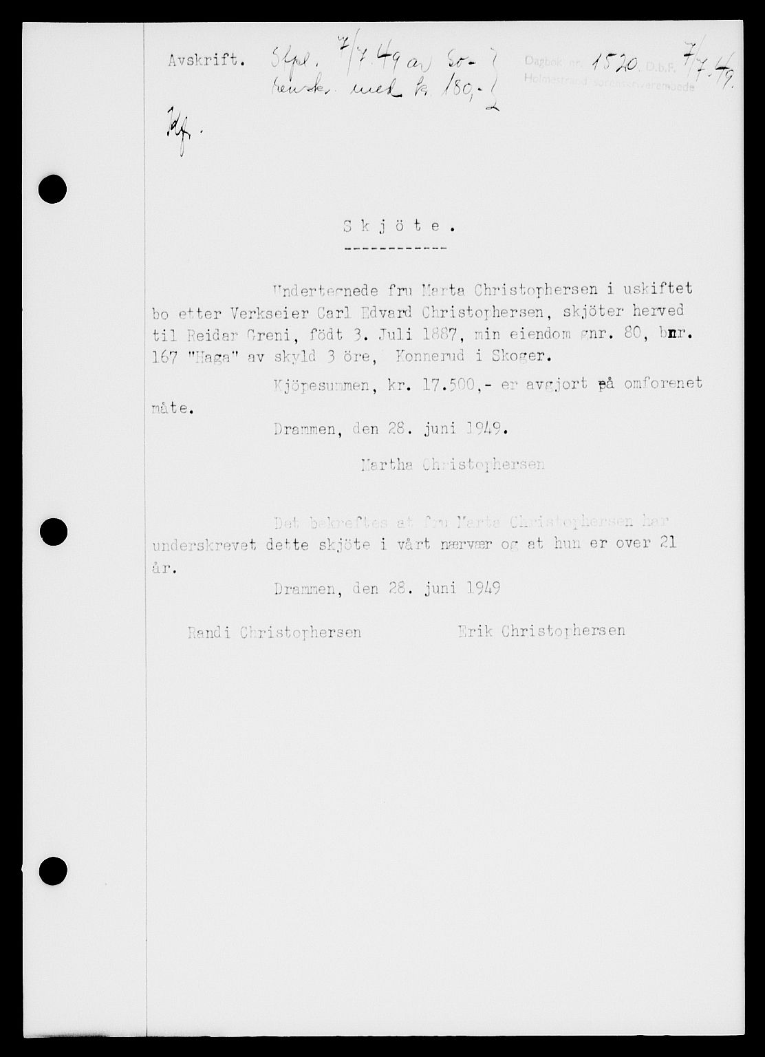 Holmestrand sorenskriveri, SAKO/A-67/G/Ga/Gaa/L0067: Pantebok nr. A-67, 1949-1949, Dagboknr: 1520/1949