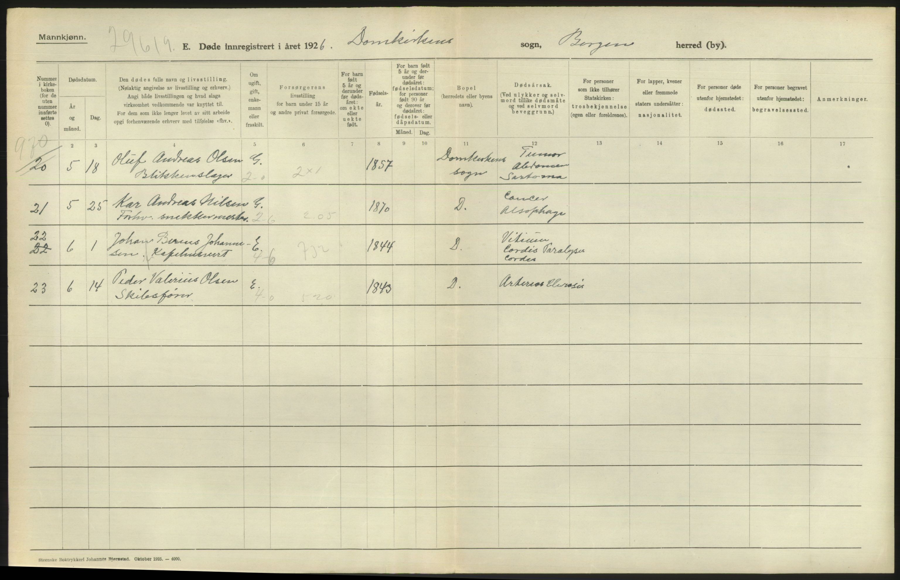 Statistisk sentralbyrå, Sosiodemografiske emner, Befolkning, RA/S-2228/D/Df/Dfc/Dfcf/L0028: Bergen: Gifte, døde, dødfødte., 1926, s. 616