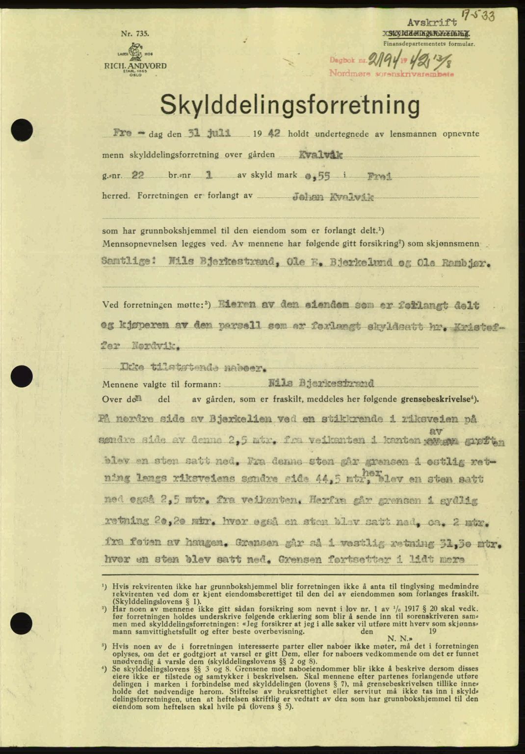 Nordmøre sorenskriveri, SAT/A-4132/1/2/2Ca: Pantebok nr. A93, 1942-1942, Dagboknr: 2194/1942