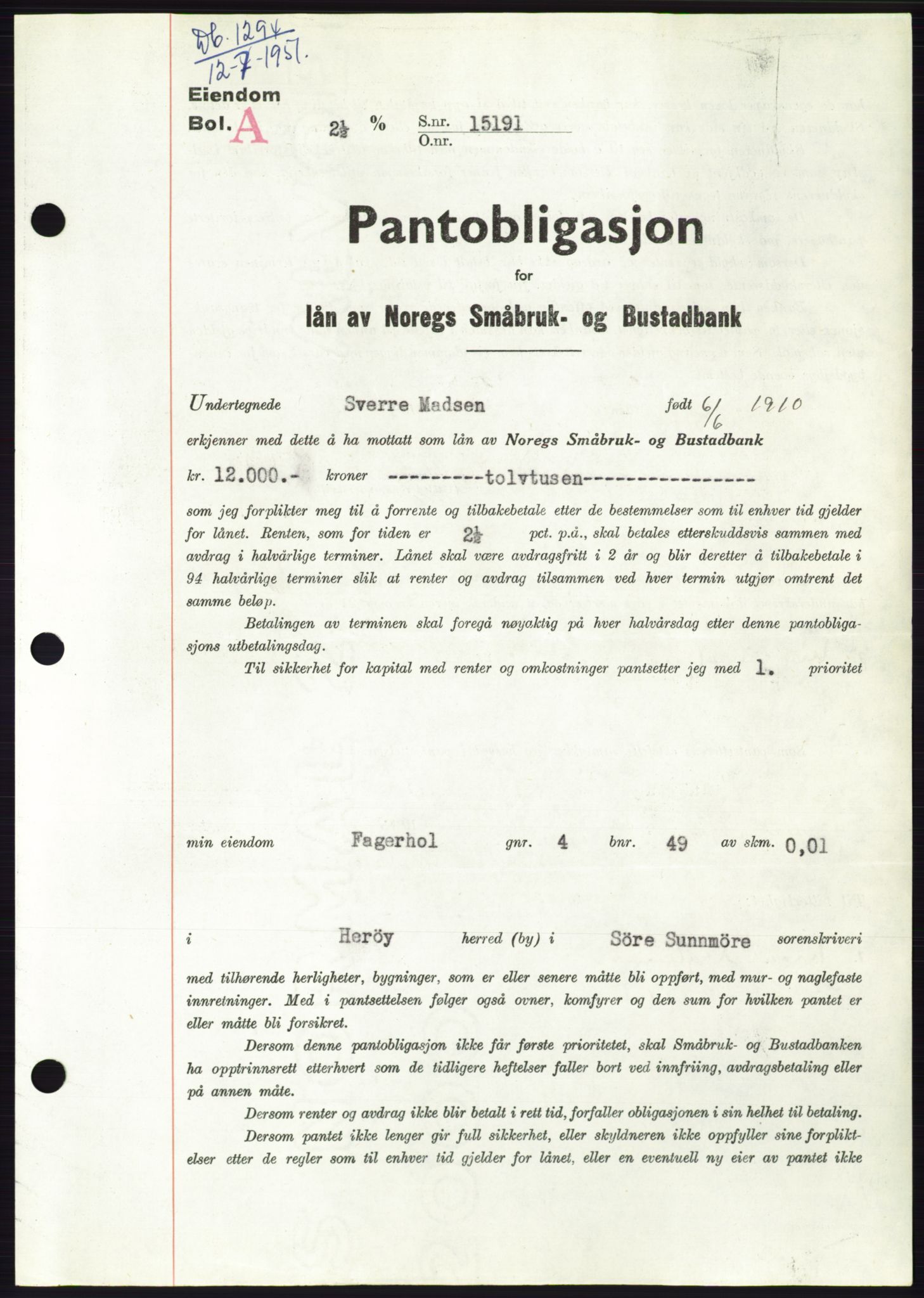Søre Sunnmøre sorenskriveri, AV/SAT-A-4122/1/2/2C/L0120: Pantebok nr. 8B, 1951-1951, Dagboknr: 1294/1951