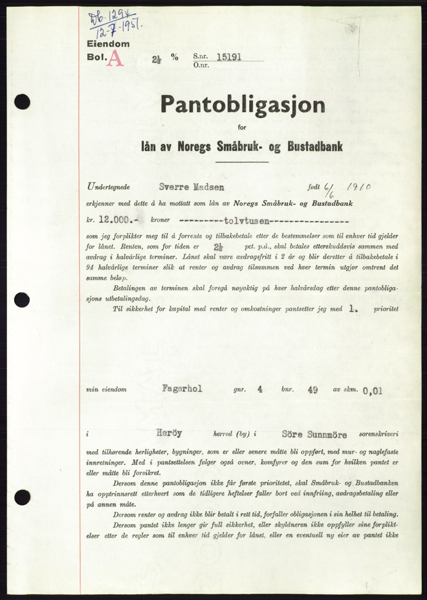 Søre Sunnmøre sorenskriveri, SAT/A-4122/1/2/2C/L0120: Pantebok nr. 8B, 1951-1951, Dagboknr: 1294/1951