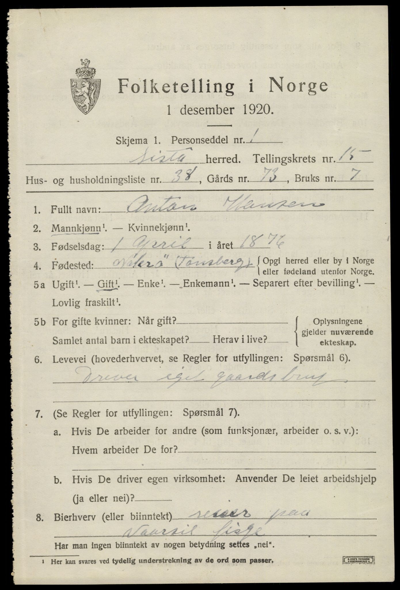 SAK, Folketelling 1920 for 1041 Lista herred, 1920, s. 12911