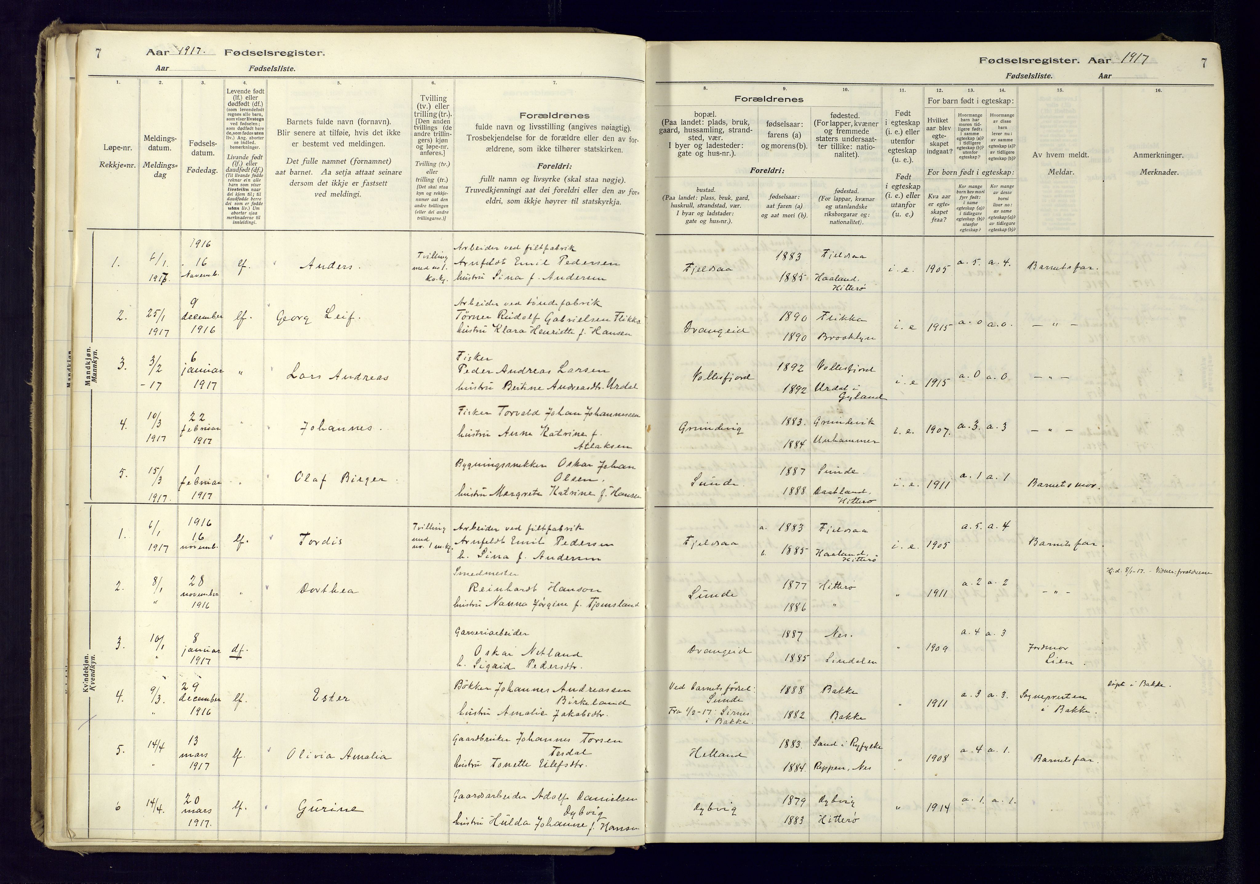 Flekkefjord sokneprestkontor, AV/SAK-1111-0012/J/Ja/L0005: Fødselsregister nr. 5, 1916-1950, s. 7