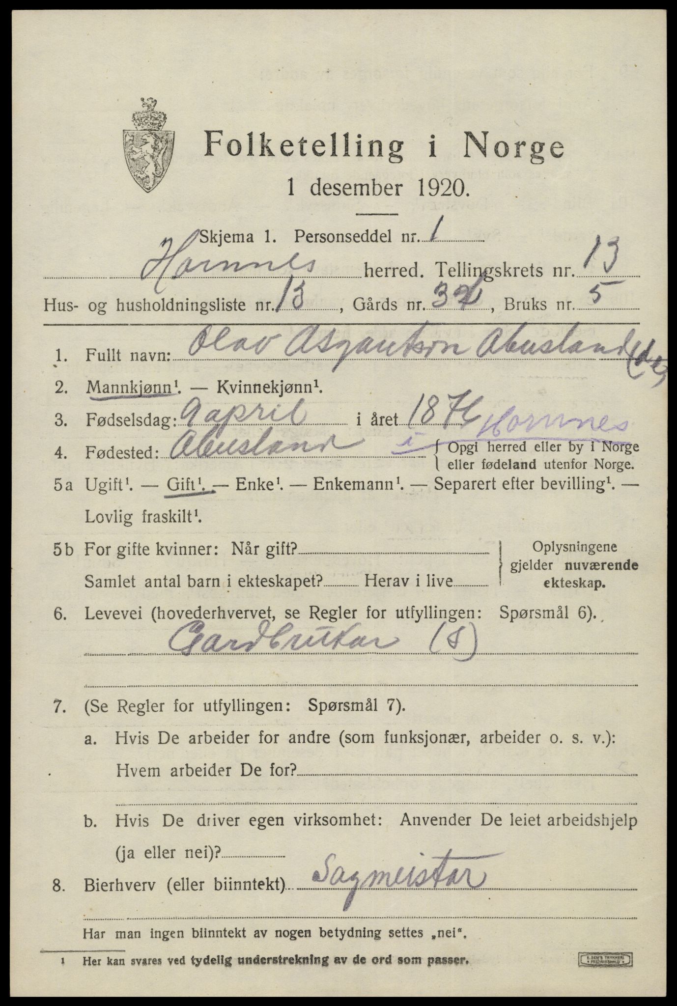 SAK, Folketelling 1920 for 0936 Hornnes herred, 1920, s. 3227