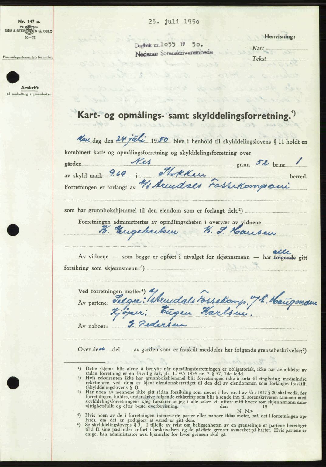 Nedenes sorenskriveri, SAK/1221-0006/G/Gb/Gba/L0063: Pantebok nr. A15, 1950-1950, Dagboknr: 1055/1950