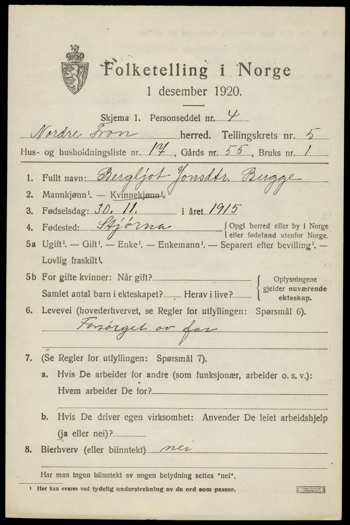 SAH, Folketelling 1920 for 0518 Nord-Fron herred, 1920, s. 4914