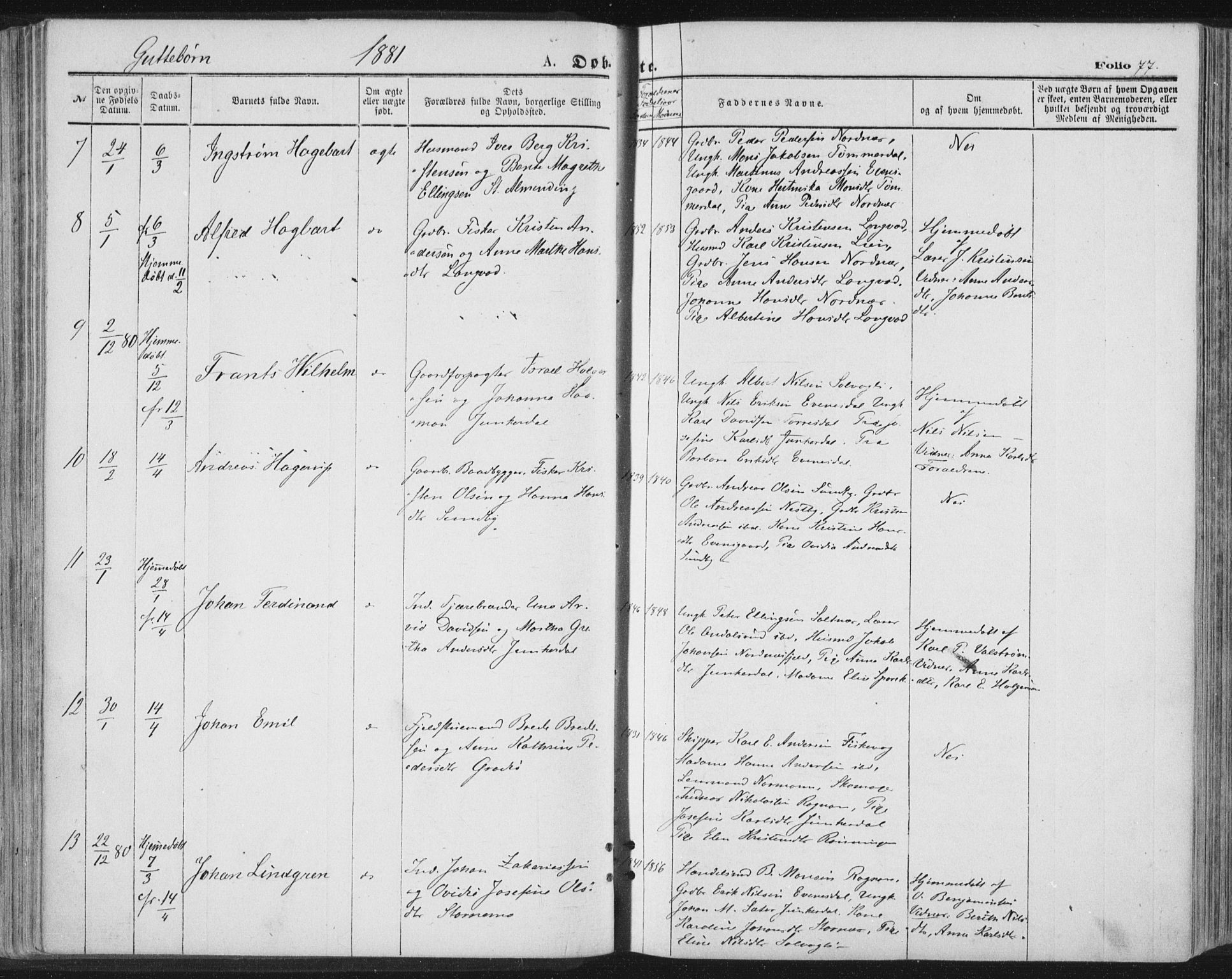 Ministerialprotokoller, klokkerbøker og fødselsregistre - Nordland, AV/SAT-A-1459/847/L0668: Ministerialbok nr. 847A08, 1872-1886, s. 77