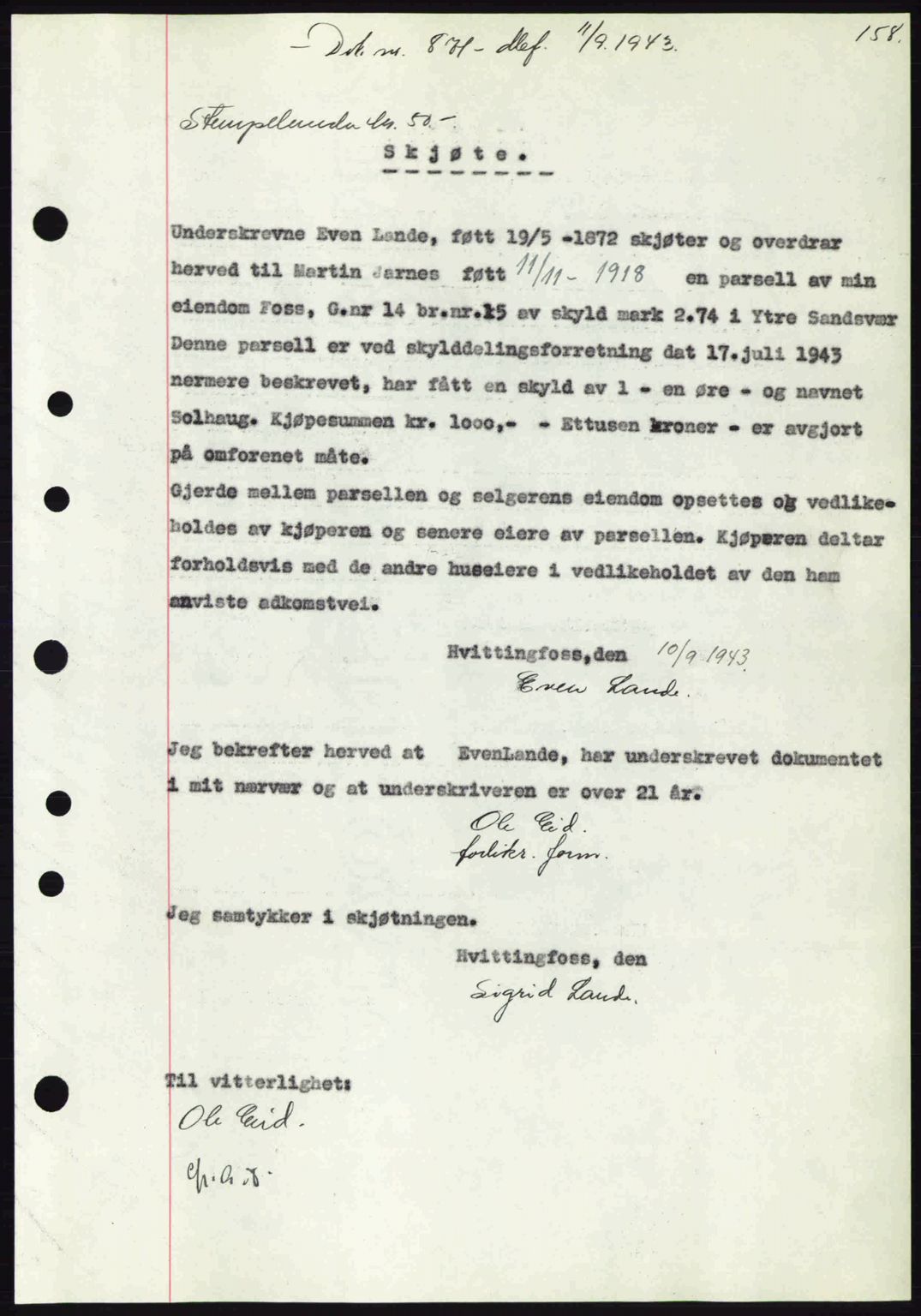 Numedal og Sandsvær sorenskriveri, SAKO/A-128/G/Ga/Gaa/L0055: Pantebok nr. A7, 1943-1944, Dagboknr: 871/1943