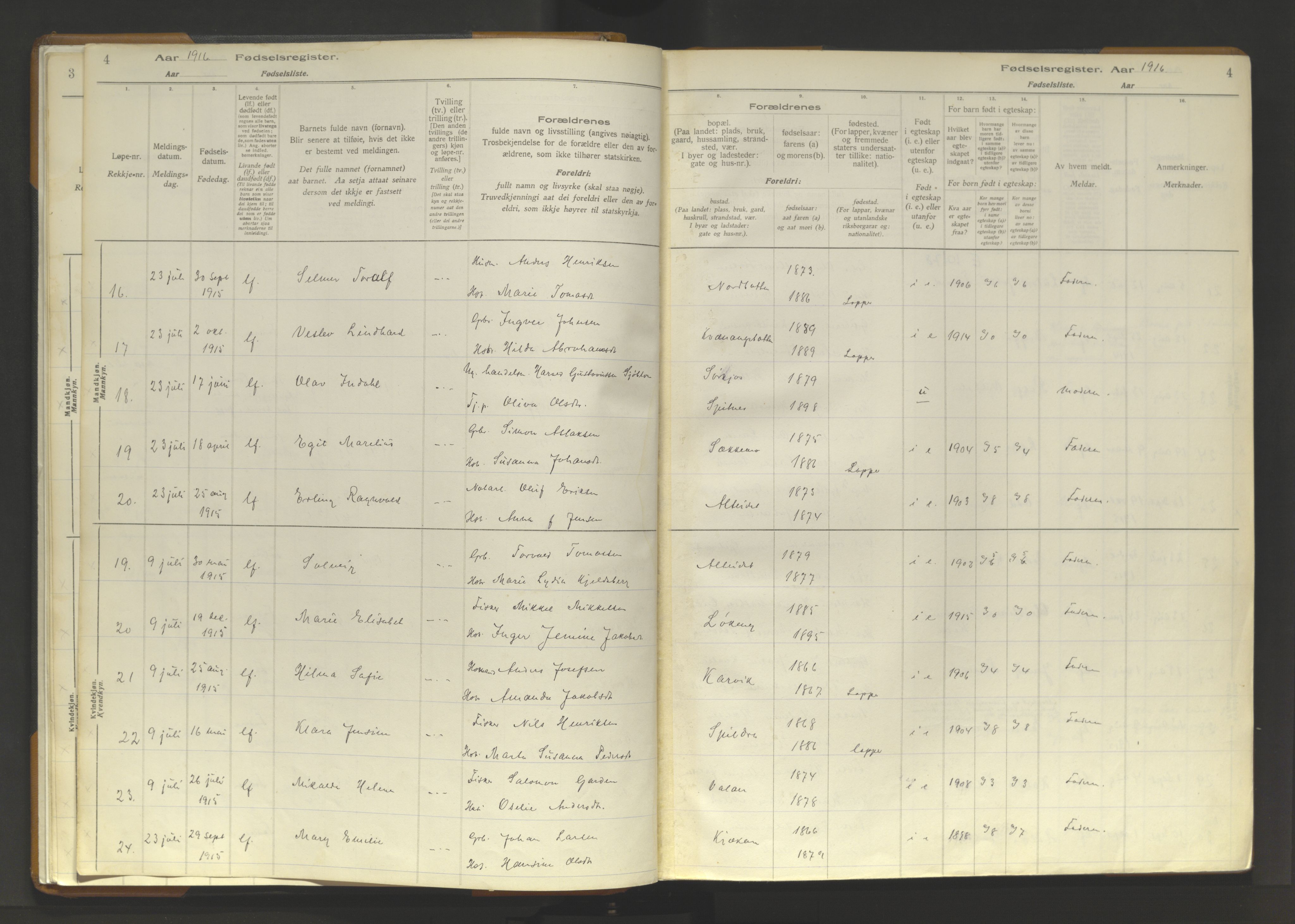 Skjervøy sokneprestkontor, SATØ/S-1300/I/Ia/L0062: Fødselsregister nr. 62, 1916-1950, s. 4