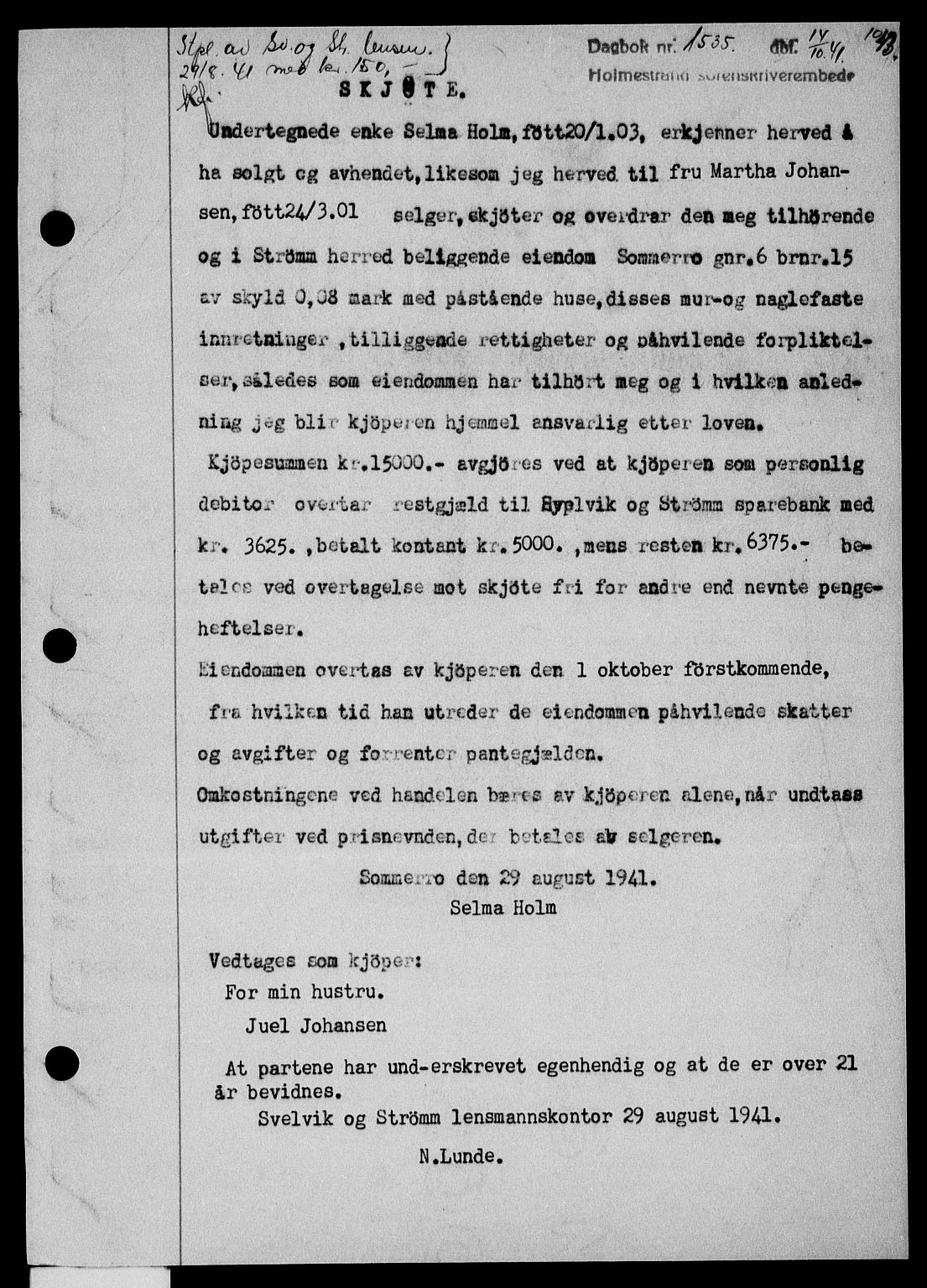 Holmestrand sorenskriveri, SAKO/A-67/G/Ga/Gaa/L0053: Pantebok nr. A-53, 1941-1941, Dagboknr: 1535/1941