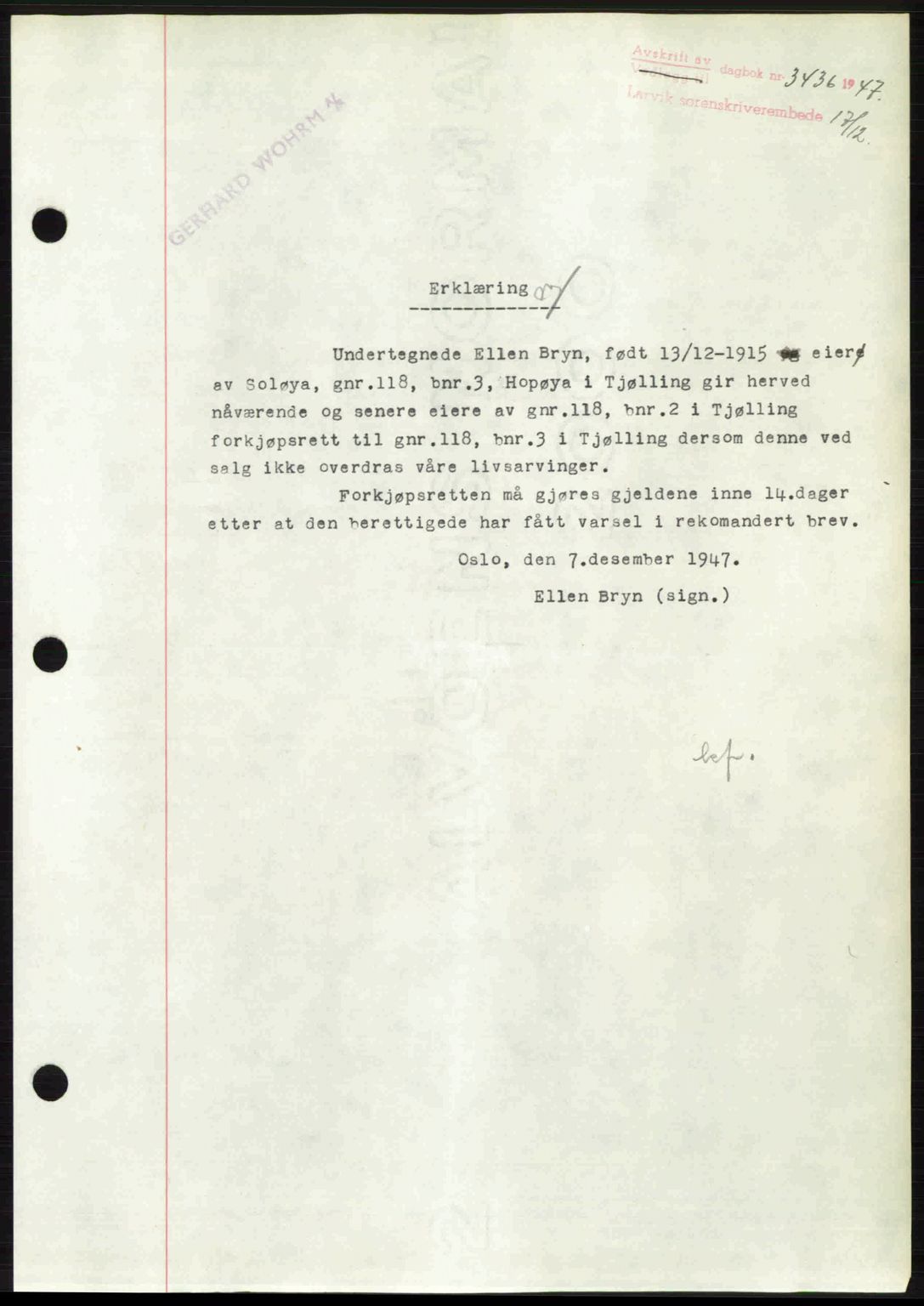 Larvik sorenskriveri, SAKO/A-83/G/Ga/Gab/L0085: Pantebok nr. A-19, 1947-1948, Dagboknr: 3436/1947