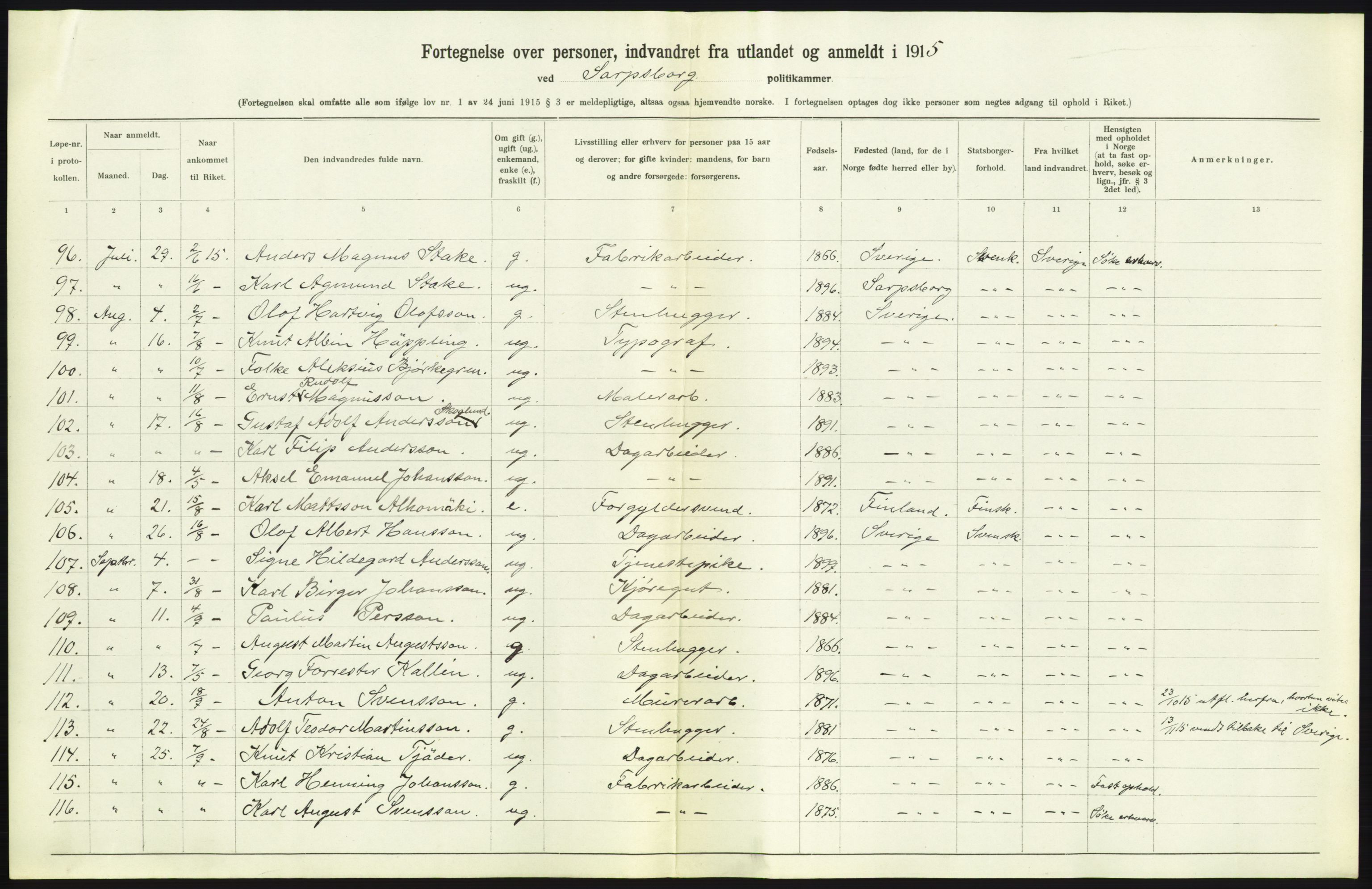 Statistisk sentralbyrå, Sosioøkonomiske emner, Folketellinger, boliger og boforhold, AV/RA-S-2231/F/Fa/L0001: Innvandring. Navn/fylkesvis, 1915, s. 139