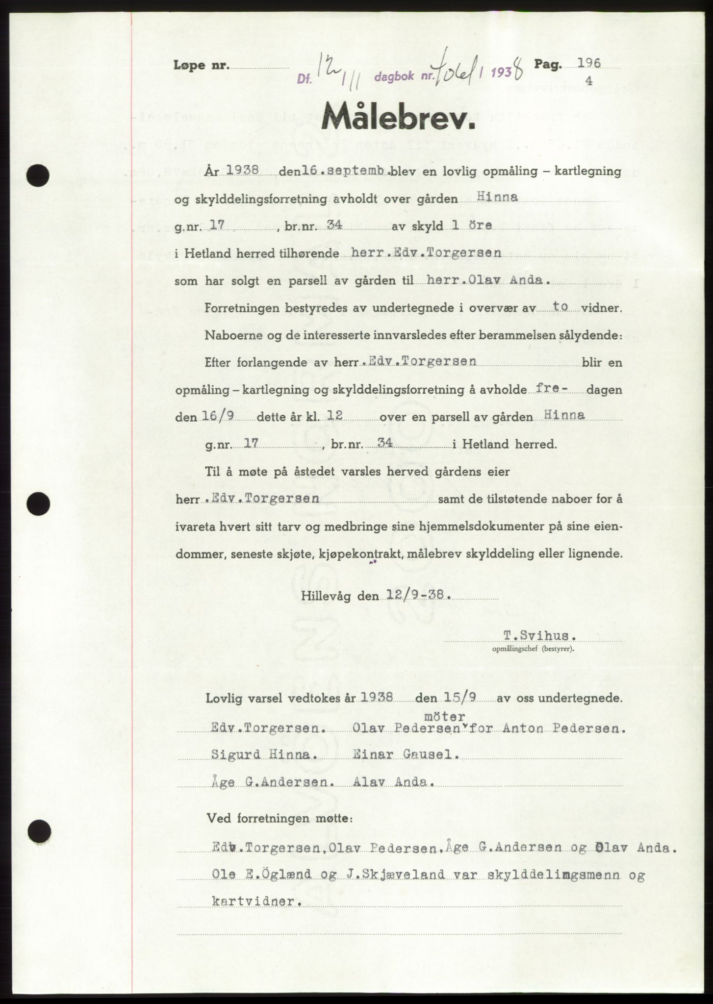 Jæren sorenskriveri, SAST/A-100310/03/G/Gba/L0072: Pantebok, 1938-1938, Dagboknr: 4061/1938