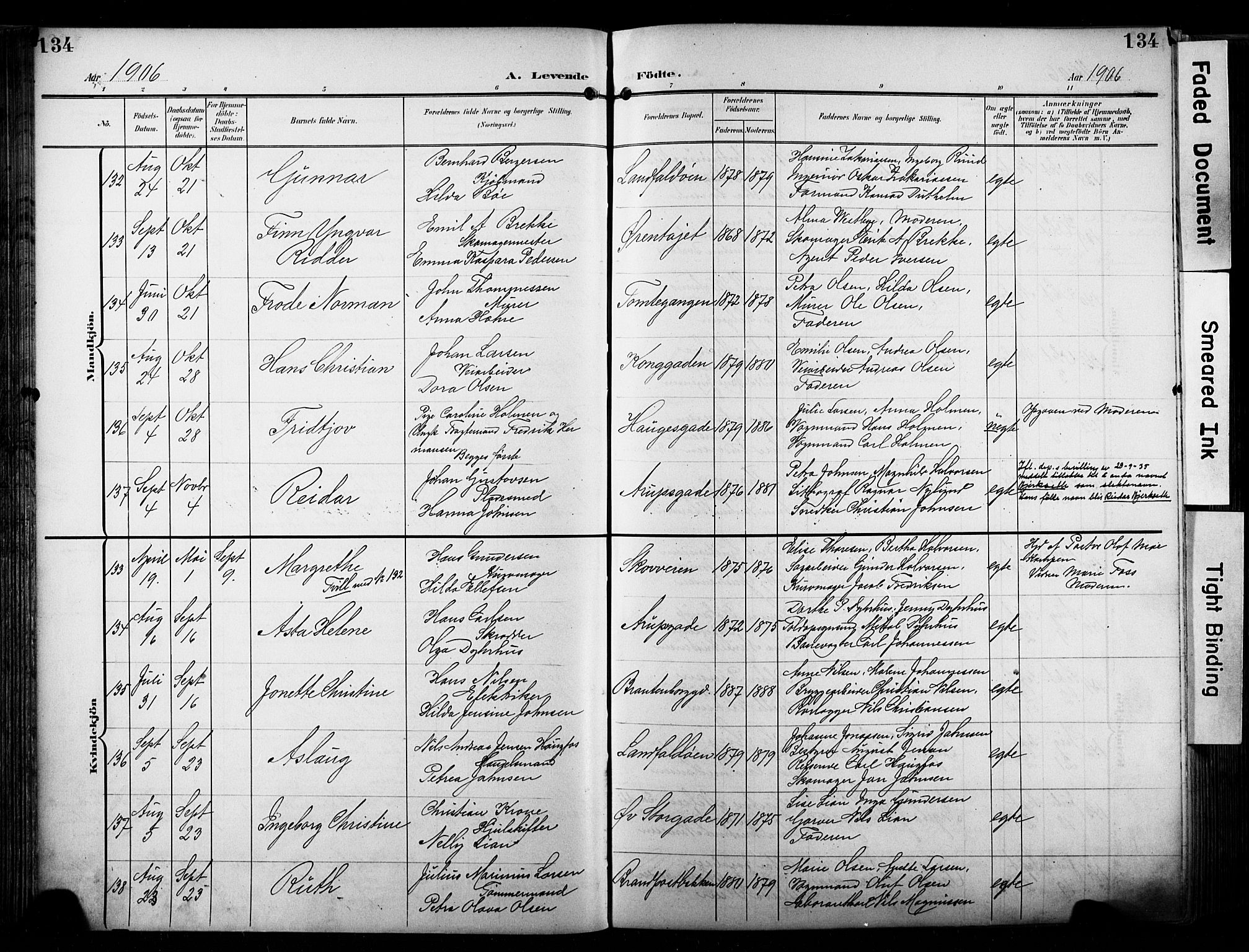 Bragernes kirkebøker, AV/SAKO-A-6/F/Fb/L0009: Ministerialbok nr. II 9, 1902-1911, s. 134