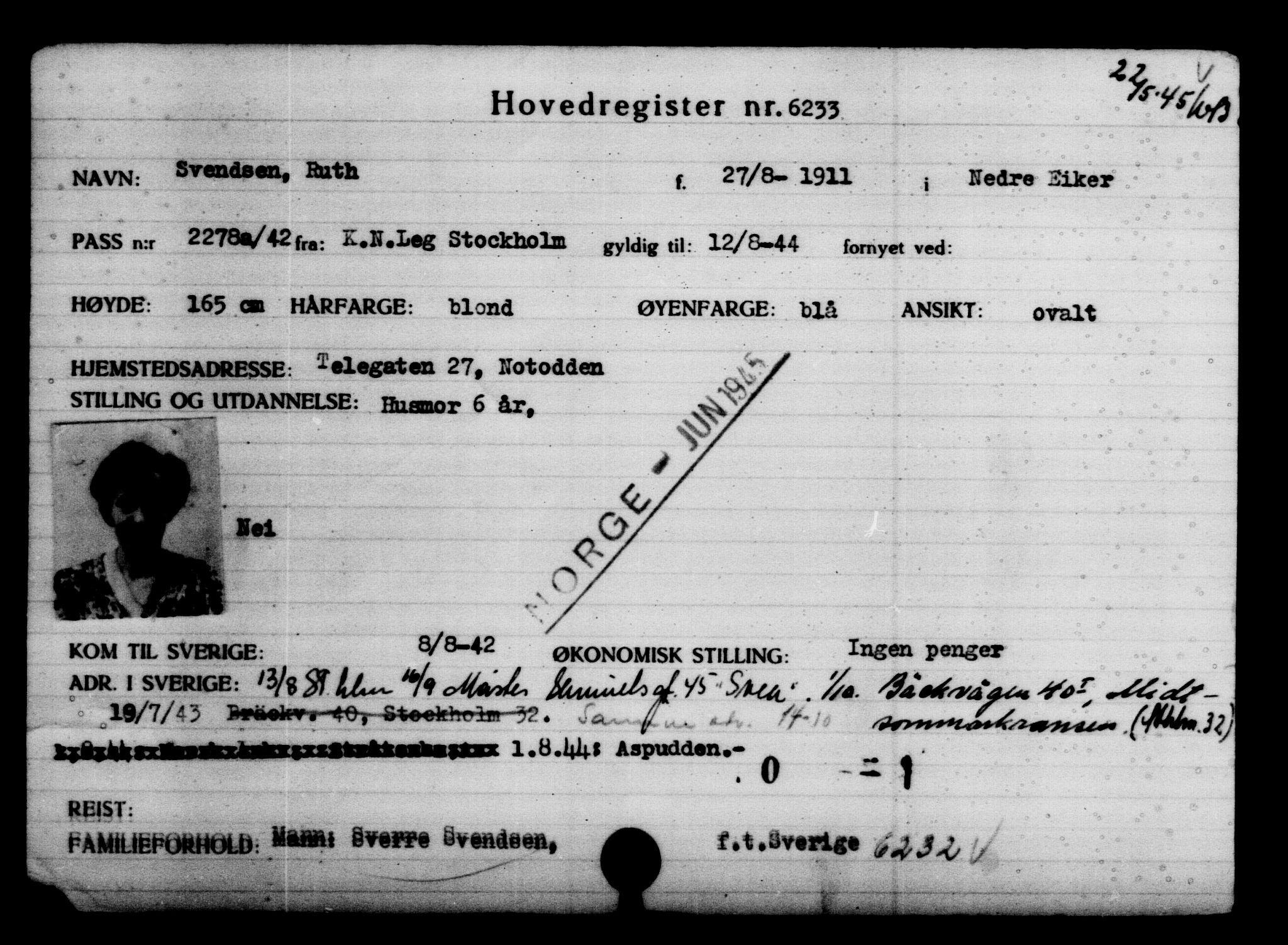 Utenriksstasjonene, Legasjonen i Stockholm, Flyktningkontoret, AV/RA-S-6753/V/Va/L0004: Kjesäterkartoteket, flyktninger med registreringsnr. 3496-6610, 1940-1945, s. 3220