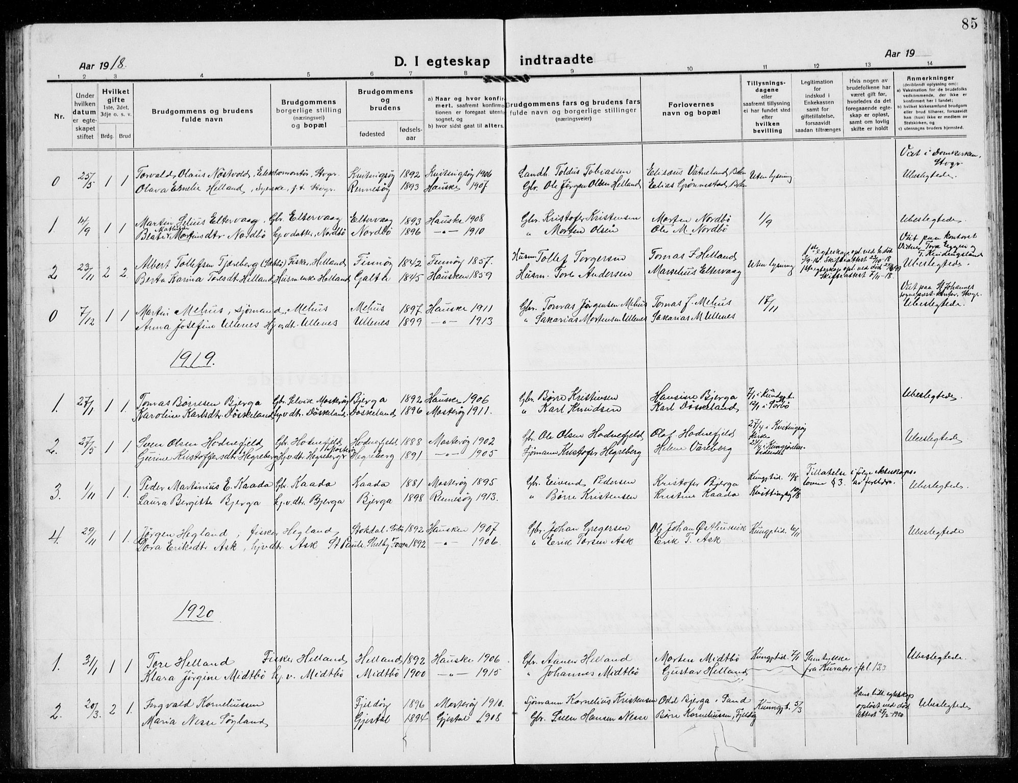 Rennesøy sokneprestkontor, AV/SAST-A -101827/H/Ha/Hab/L0014: Klokkerbok nr. B 13, 1918-1937, s. 85