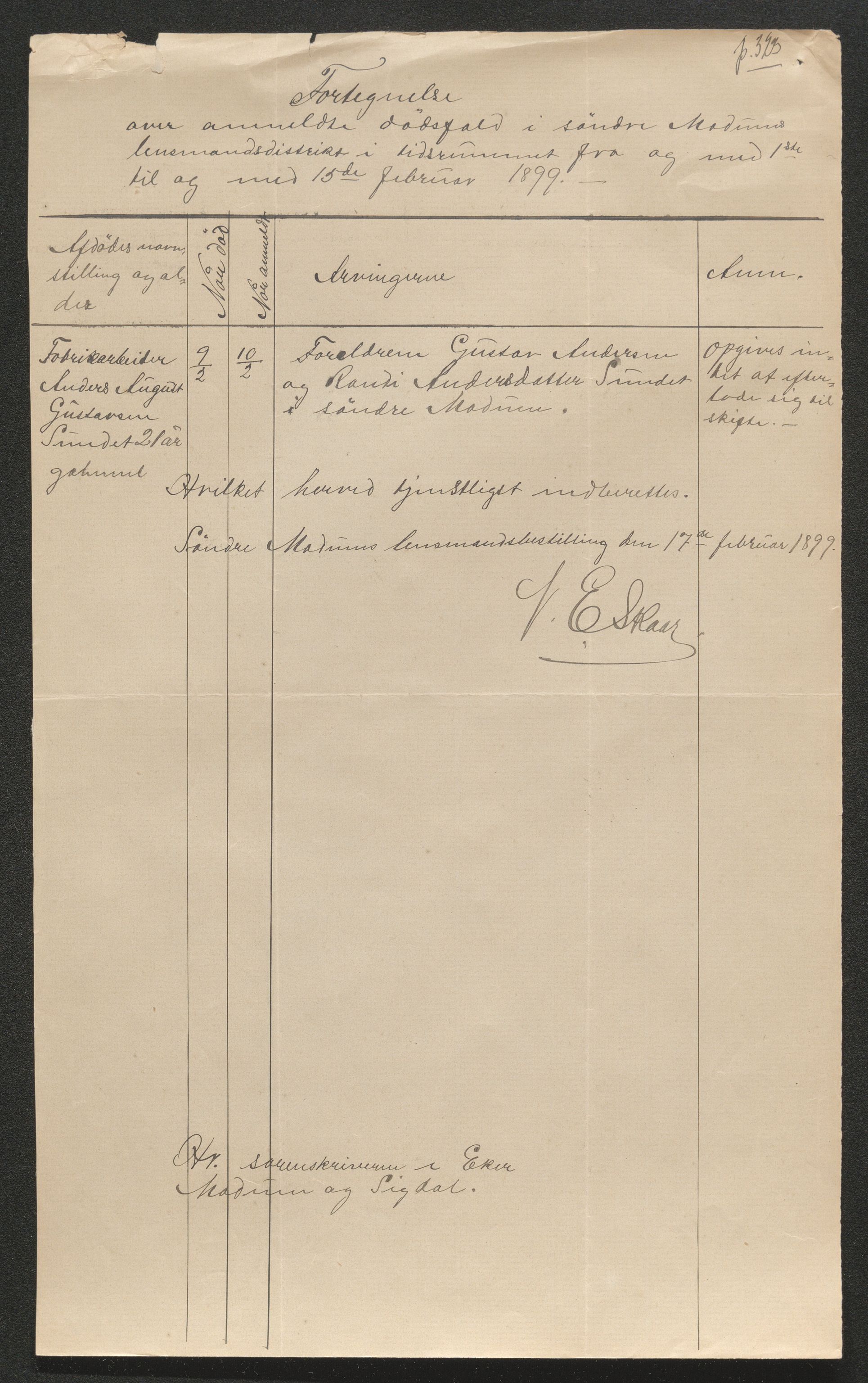 Eiker, Modum og Sigdal sorenskriveri, AV/SAKO-A-123/H/Ha/Hab/L0026: Dødsfallsmeldinger, 1899, s. 259