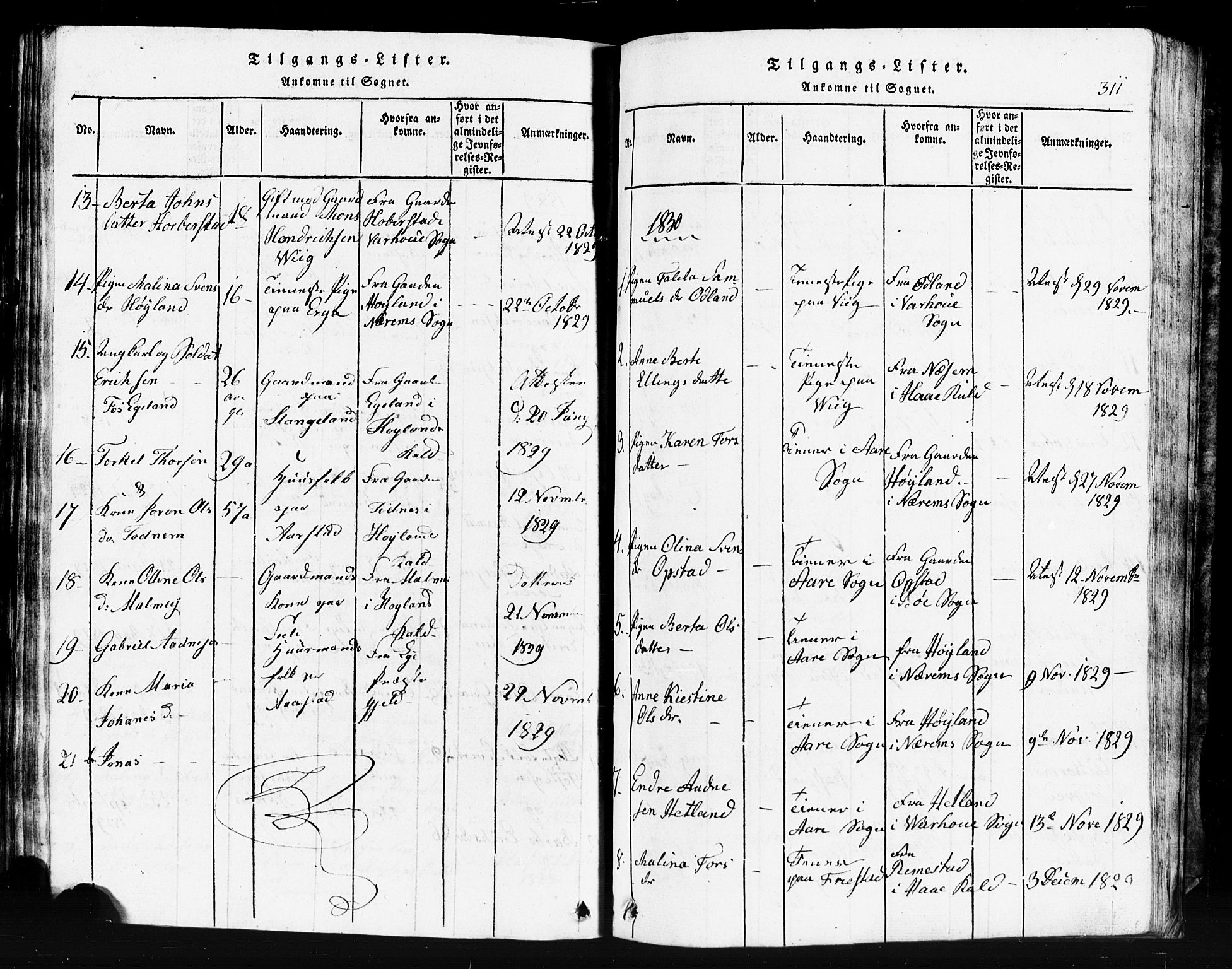 Klepp sokneprestkontor, SAST/A-101803/001/3/30BB/L0001: Klokkerbok nr.  B 1, 1816-1859, s. 311