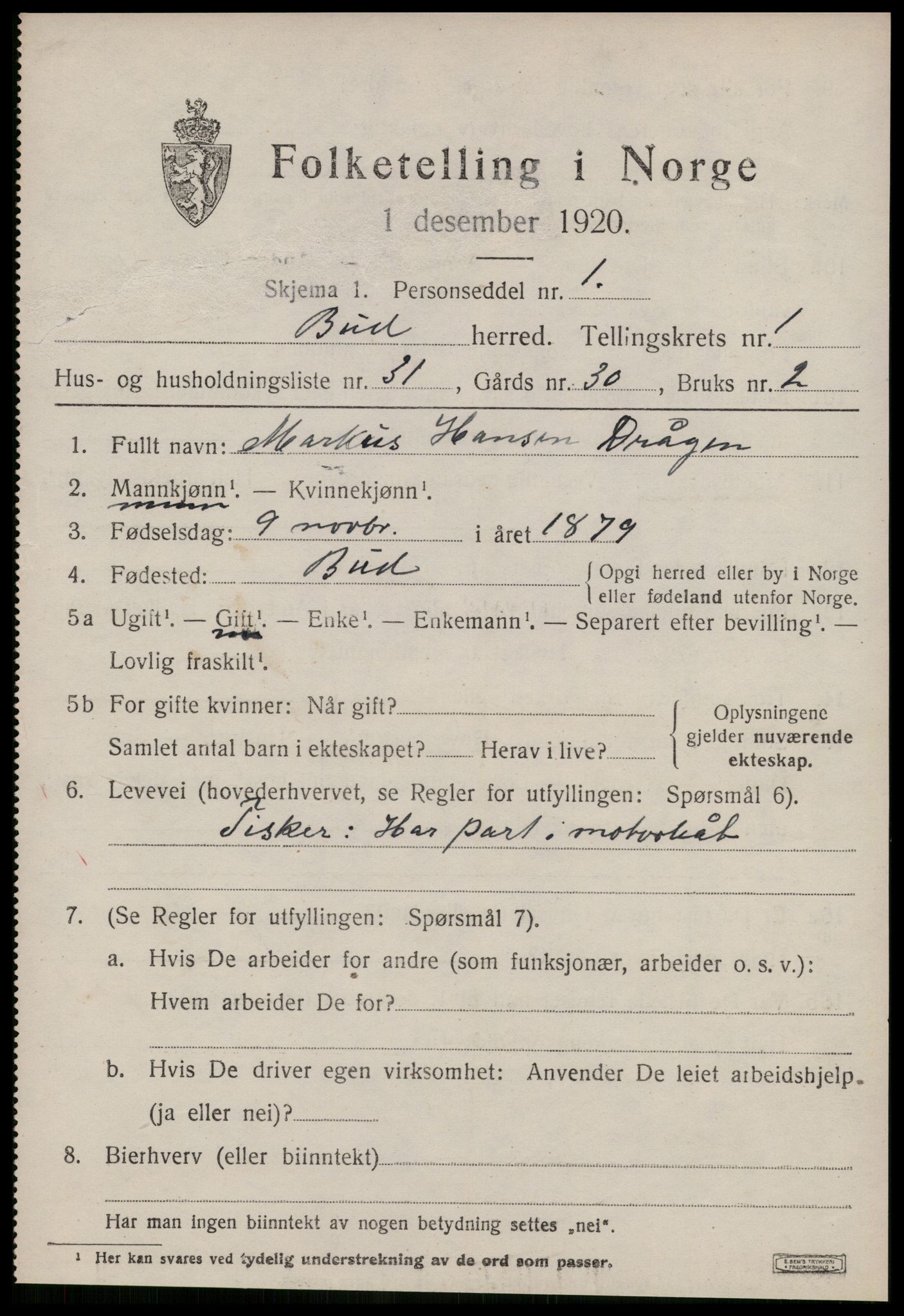 SAT, Folketelling 1920 for 1549 Bud herred, 1920, s. 878