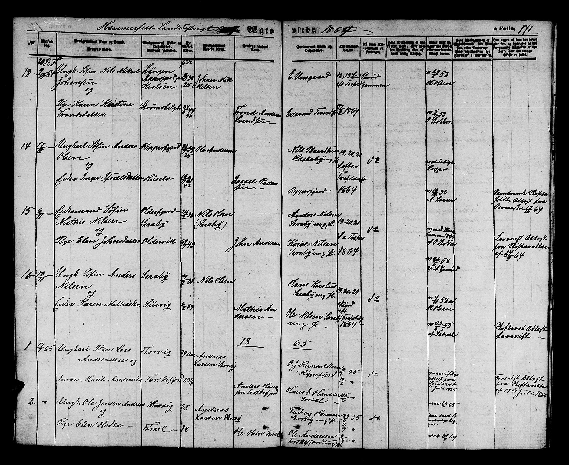 Hammerfest sokneprestkontor, AV/SATØ-S-1347/H/Hb/L0003.klokk: Klokkerbok nr. 3 /2, 1863-1868, s. 171