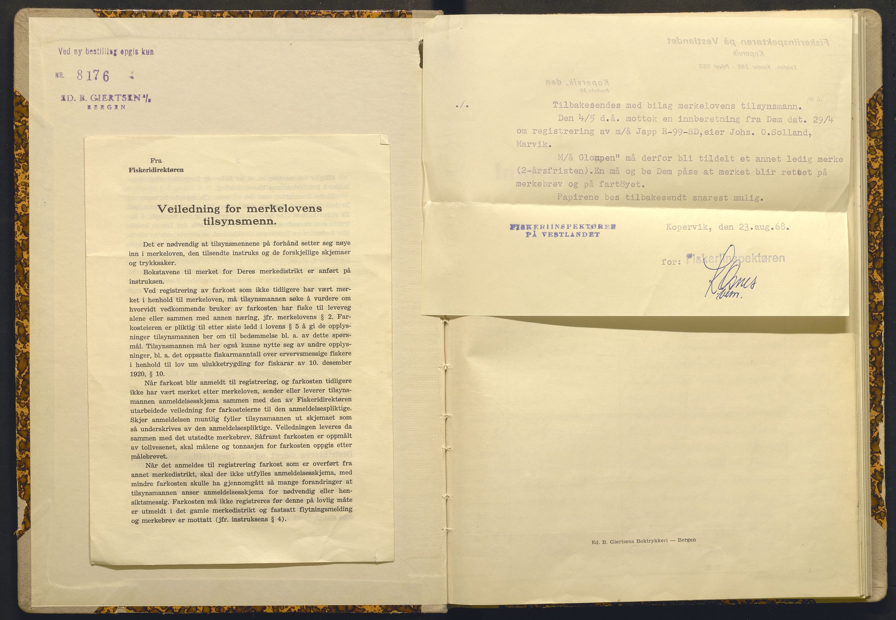 Fiskeridirektoratet - 1 Adm. ledelse - 13 Båtkontoret, AV/SAB-A-2003/I/Ia/Iai/L0120: 135.0944/1 Merkeprotokoll - Suldal, 1964-1968