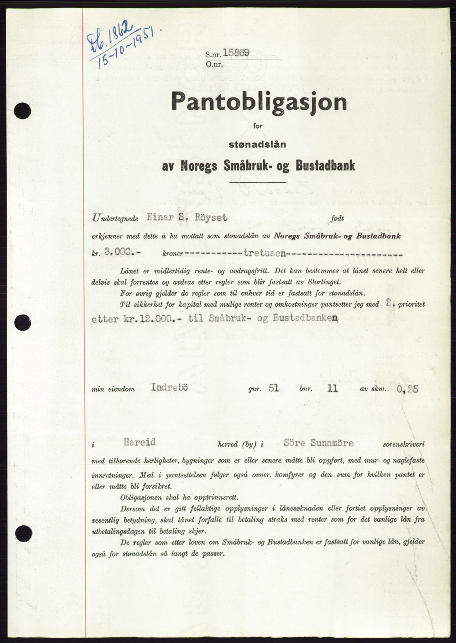 Søre Sunnmøre sorenskriveri, SAT/A-4122/1/2/2C/L0120: Pantebok nr. 8B, 1951-1951, Dagboknr: 1862/1951