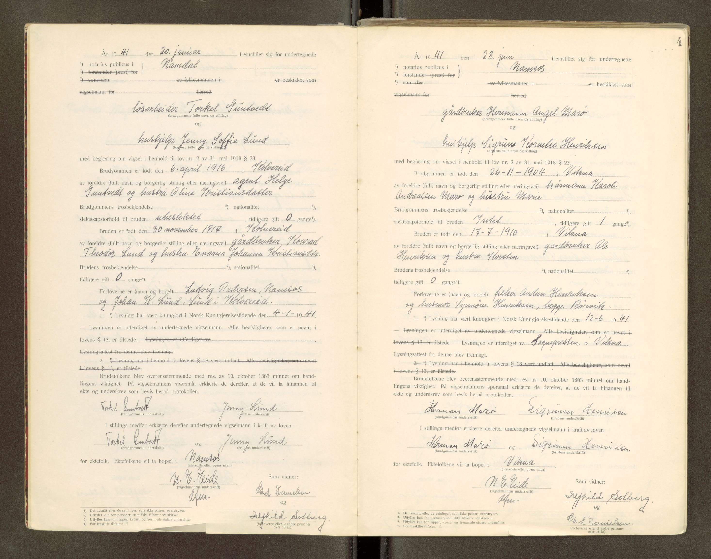 Namdal sorenskriveri, AV/SAT-A-4133/1/6/6D/L0001: Vigselbøker, 1940-1948, s. 4