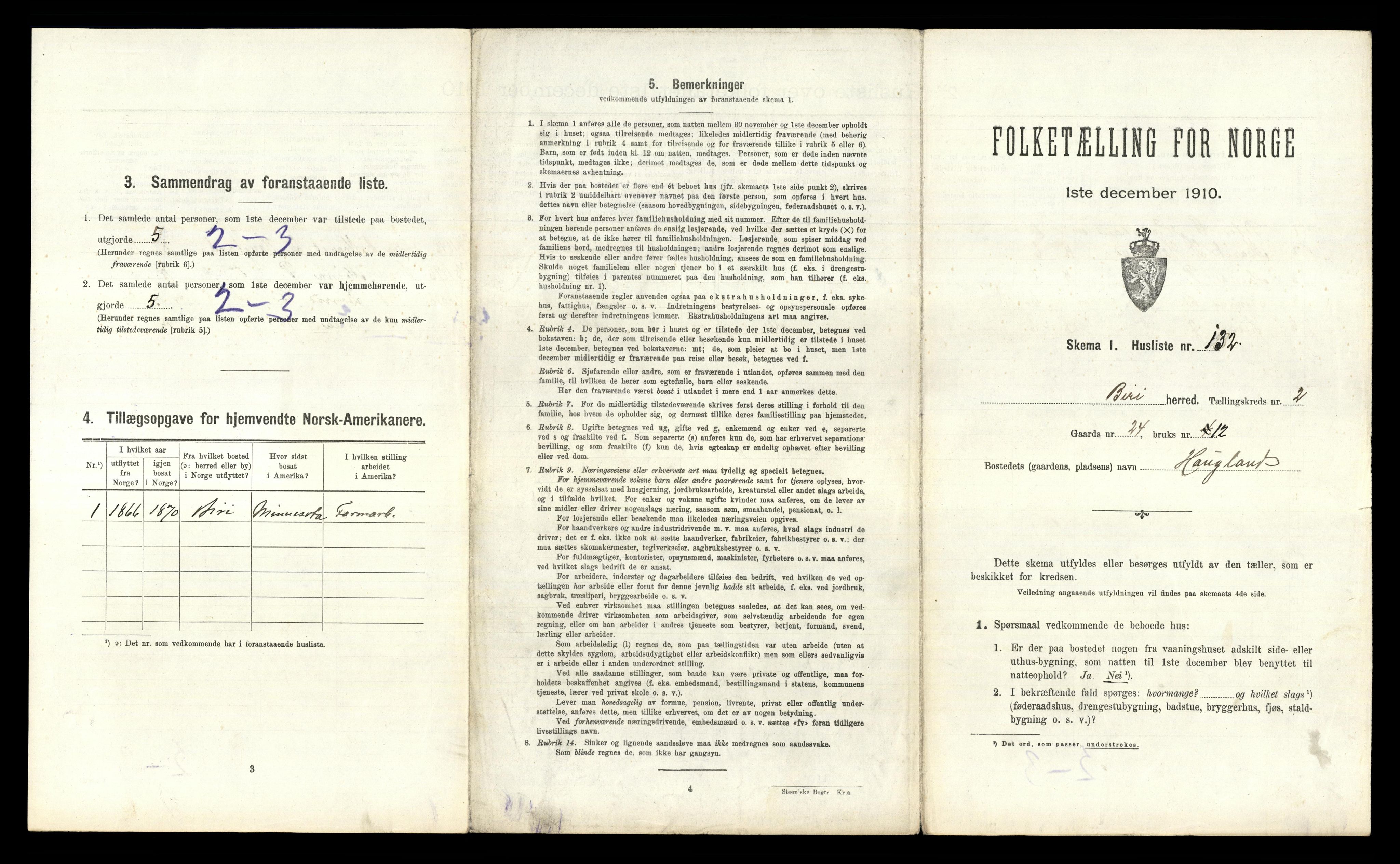 RA, Folketelling 1910 for 0525 Biri herred, 1910, s. 521