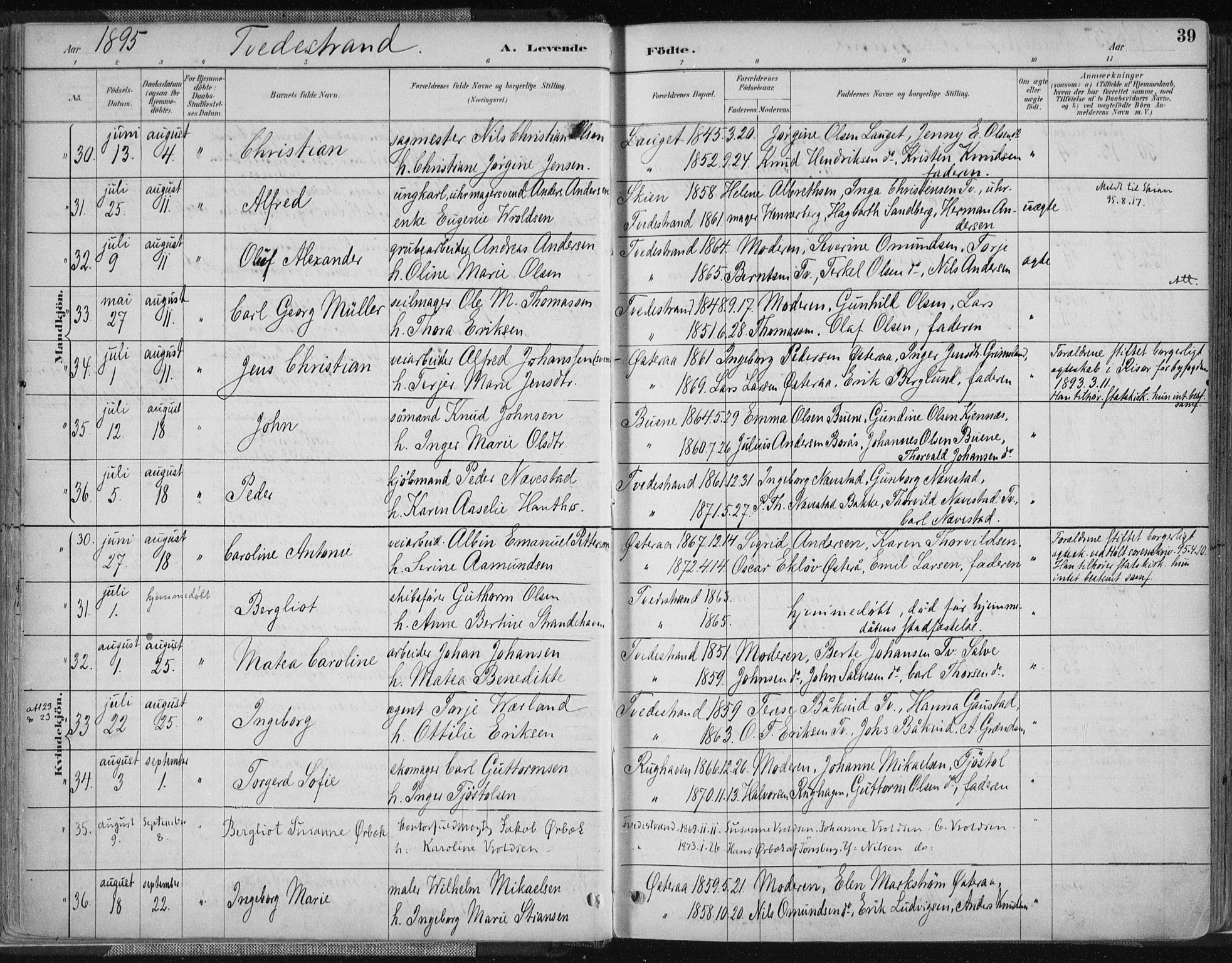 Tvedestrand sokneprestkontor, AV/SAK-1111-0042/F/Fa/L0001: Ministerialbok nr. A 1, 1885-1916, s. 39