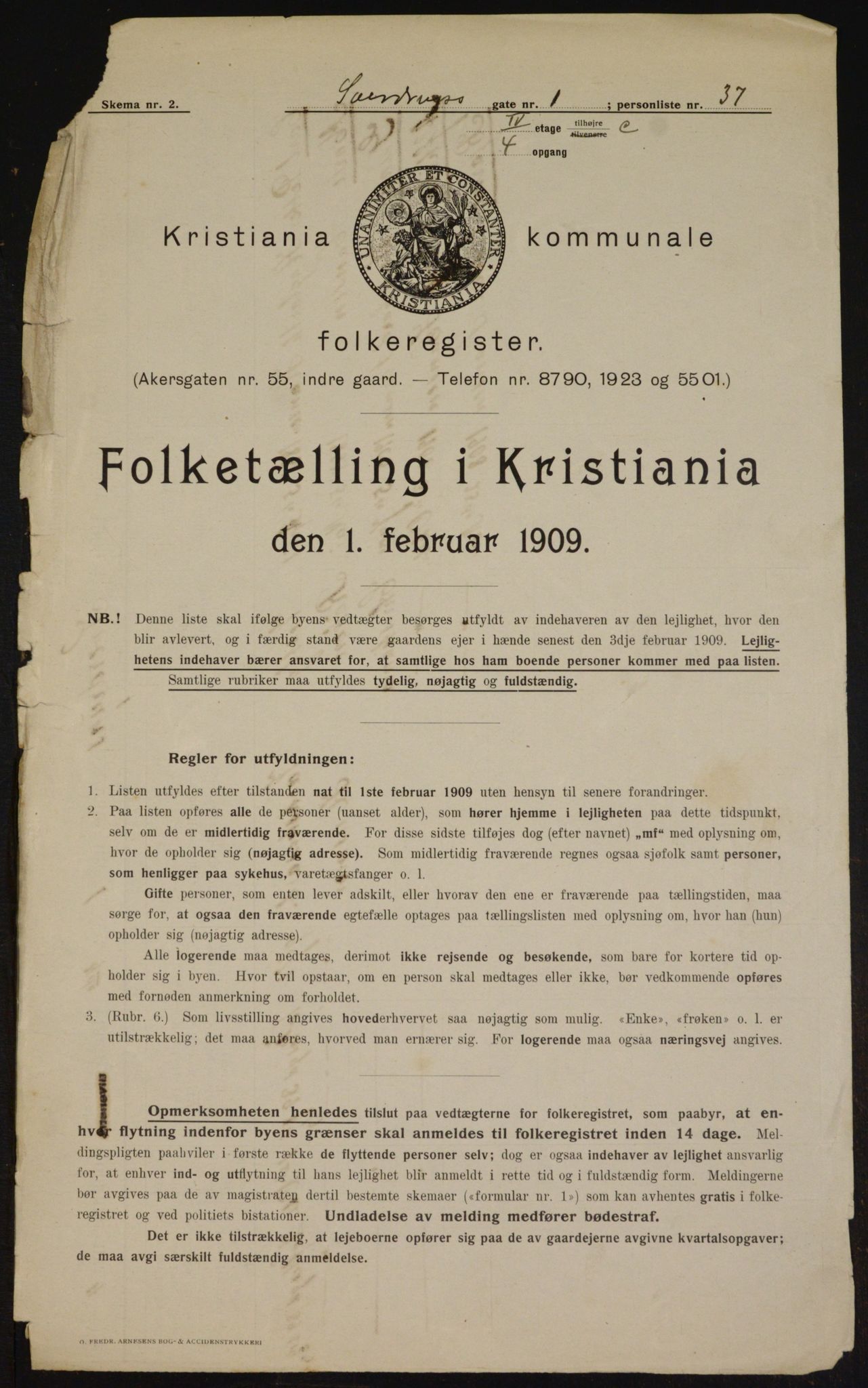 OBA, Kommunal folketelling 1.2.1909 for Kristiania kjøpstad, 1909, s. 94853