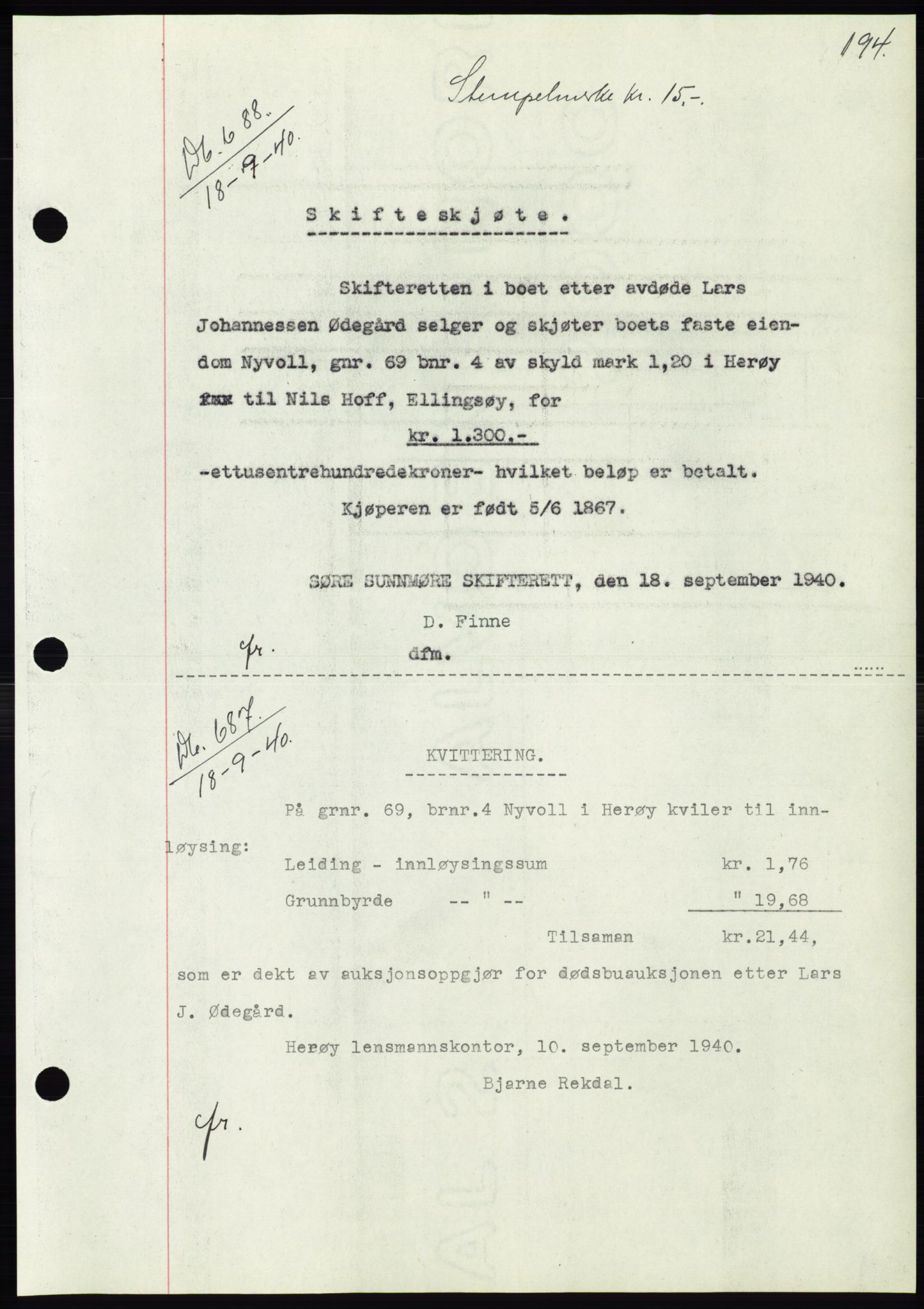 Søre Sunnmøre sorenskriveri, AV/SAT-A-4122/1/2/2C/L0070: Pantebok nr. 64, 1940-1941, Dagboknr: 687/1940