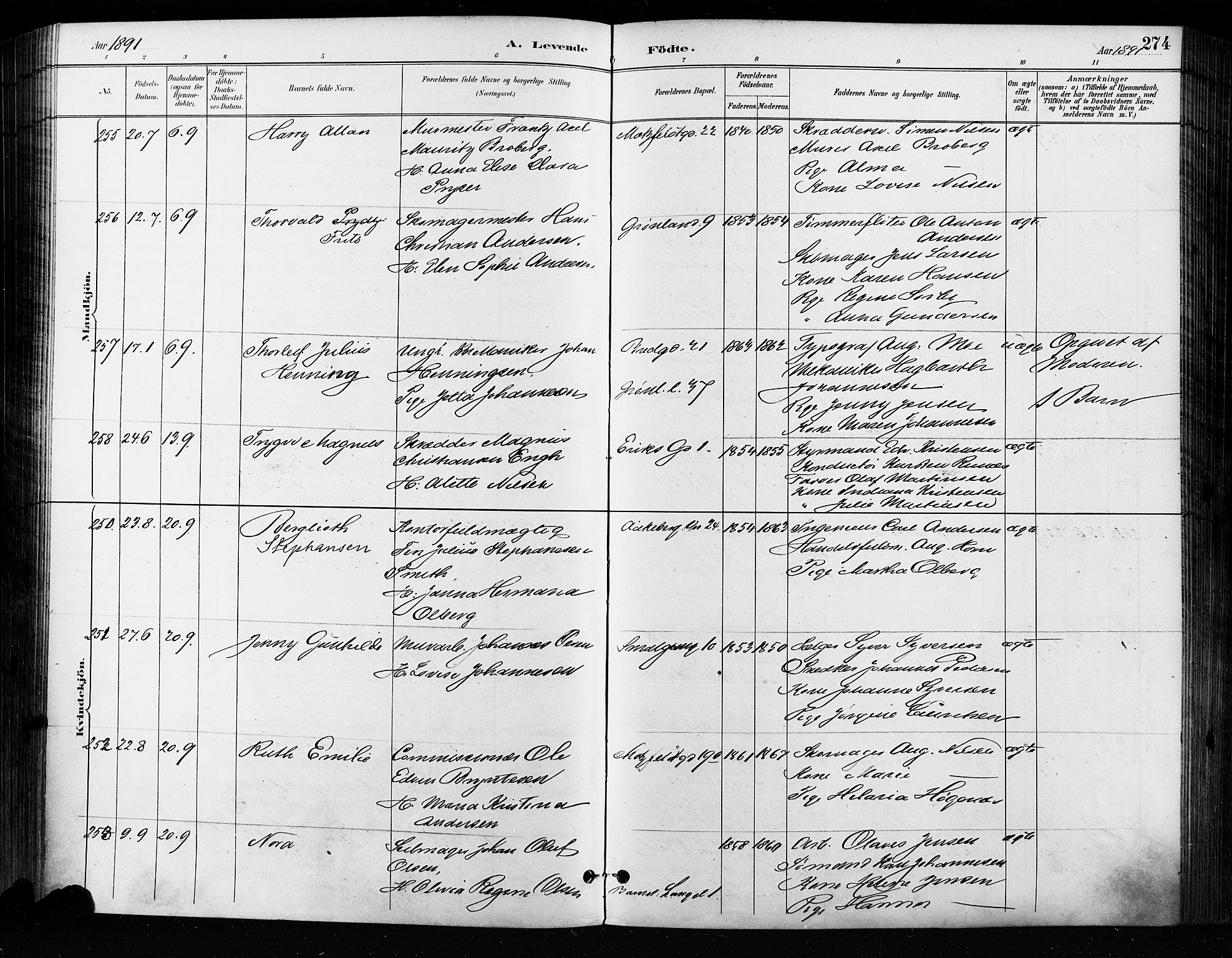Grønland prestekontor Kirkebøker, SAO/A-10848/F/Fa/L0009: Ministerialbok nr. 9, 1888-1893, s. 274