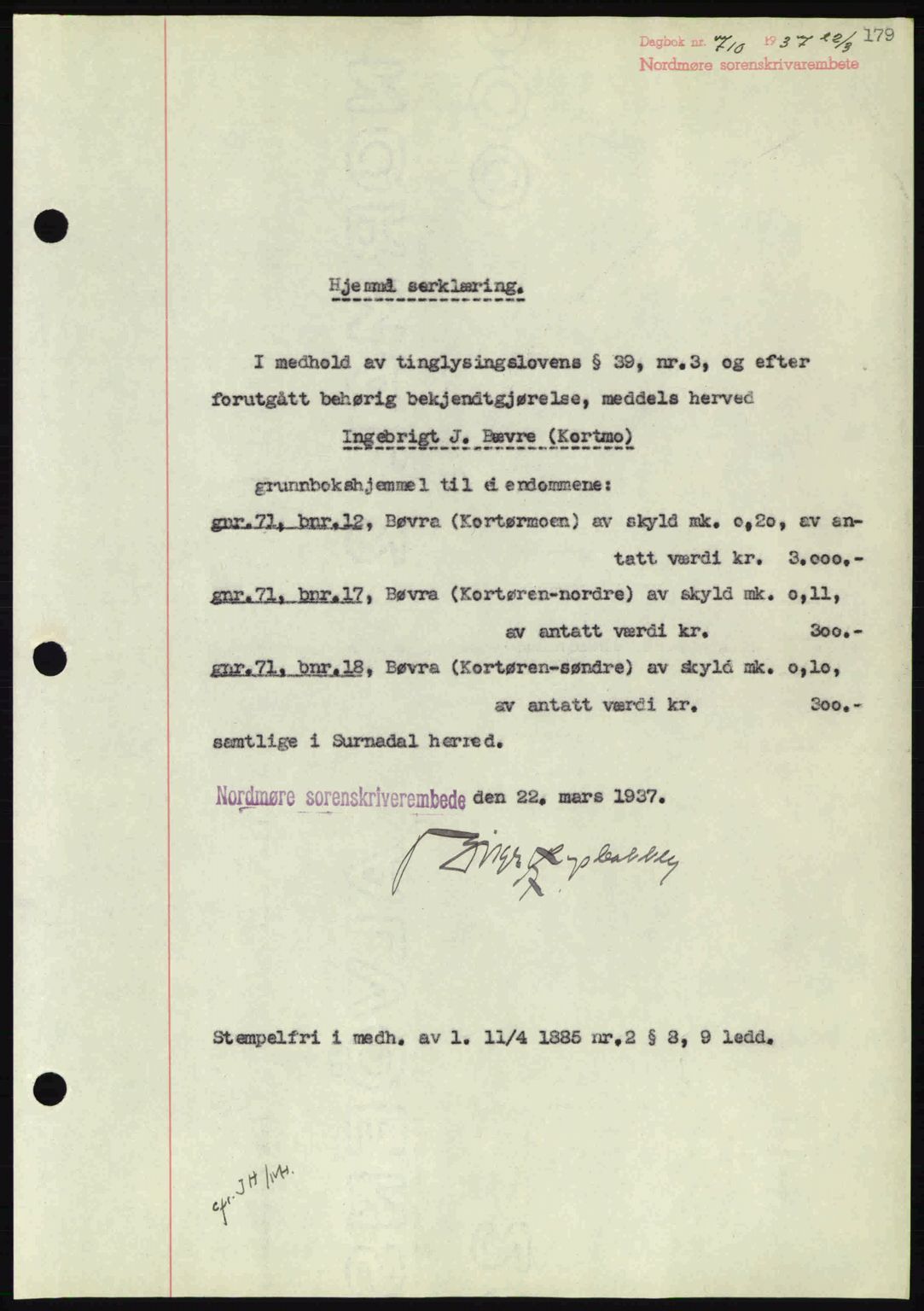 Nordmøre sorenskriveri, SAT/A-4132/1/2/2Ca: Pantebok nr. A81, 1937-1937, Dagboknr: 710/1937