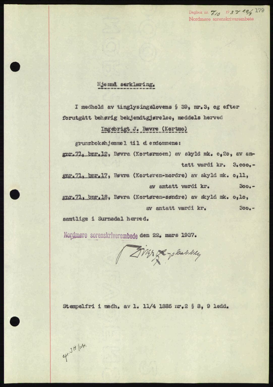 Nordmøre sorenskriveri, AV/SAT-A-4132/1/2/2Ca: Pantebok nr. A81, 1937-1937, Dagboknr: 710/1937