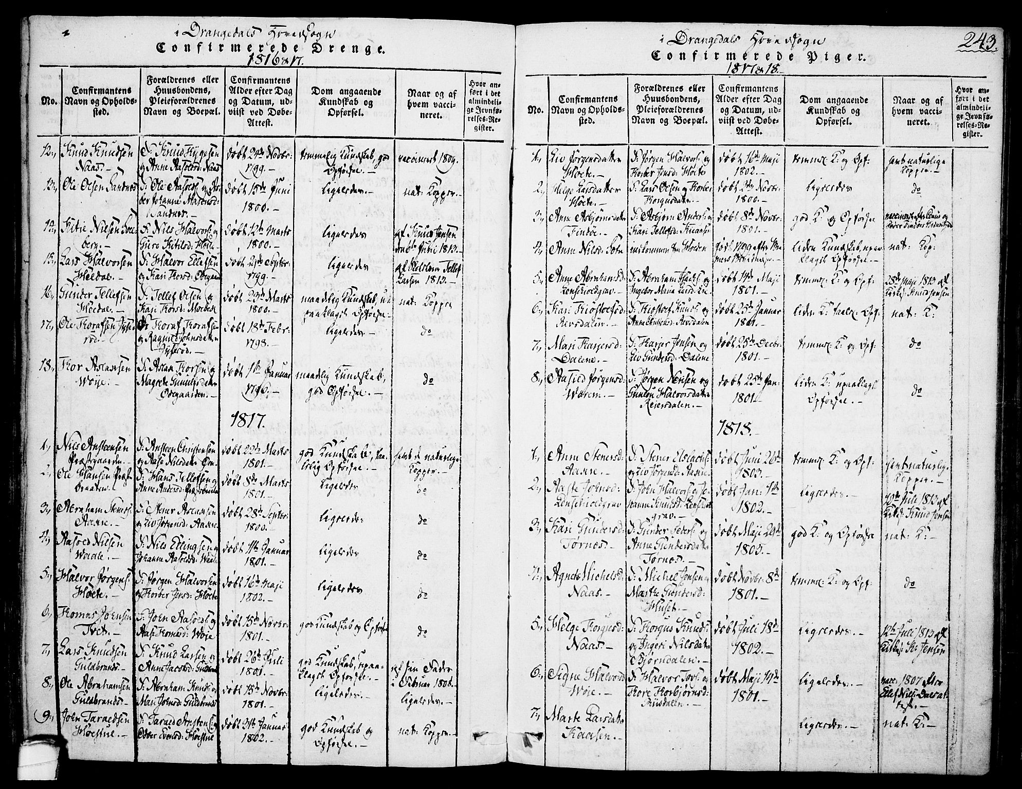 Drangedal kirkebøker, AV/SAKO-A-258/F/Fa/L0005: Ministerialbok nr. 5 /1, 1814-1831, s. 243