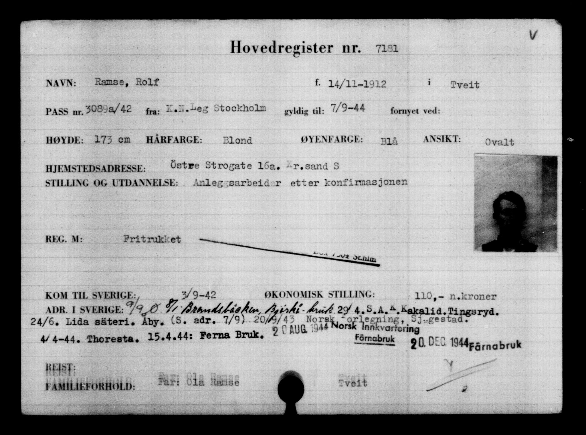 Utenriksstasjonene, Legasjonen i Stockholm, Flyktningkontoret, AV/RA-S-6753/V/Va/L0005: Kjesäterkartoteket, flyktninger med registreringsnr. 6600-9417, 1940-1945, s. 696
